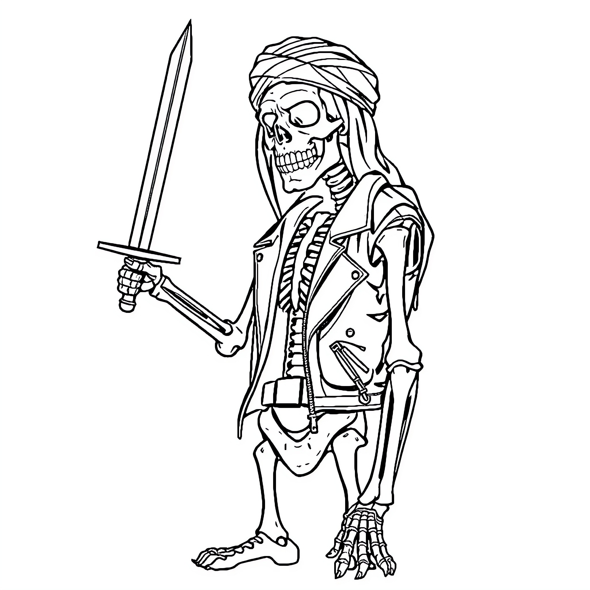 Skeleton pirate wielding sword in action pose Coloring Page (free black-and-white line drawing printable PDF for all, from beginners to advanced learners, including children, teens, adults, and seniors)