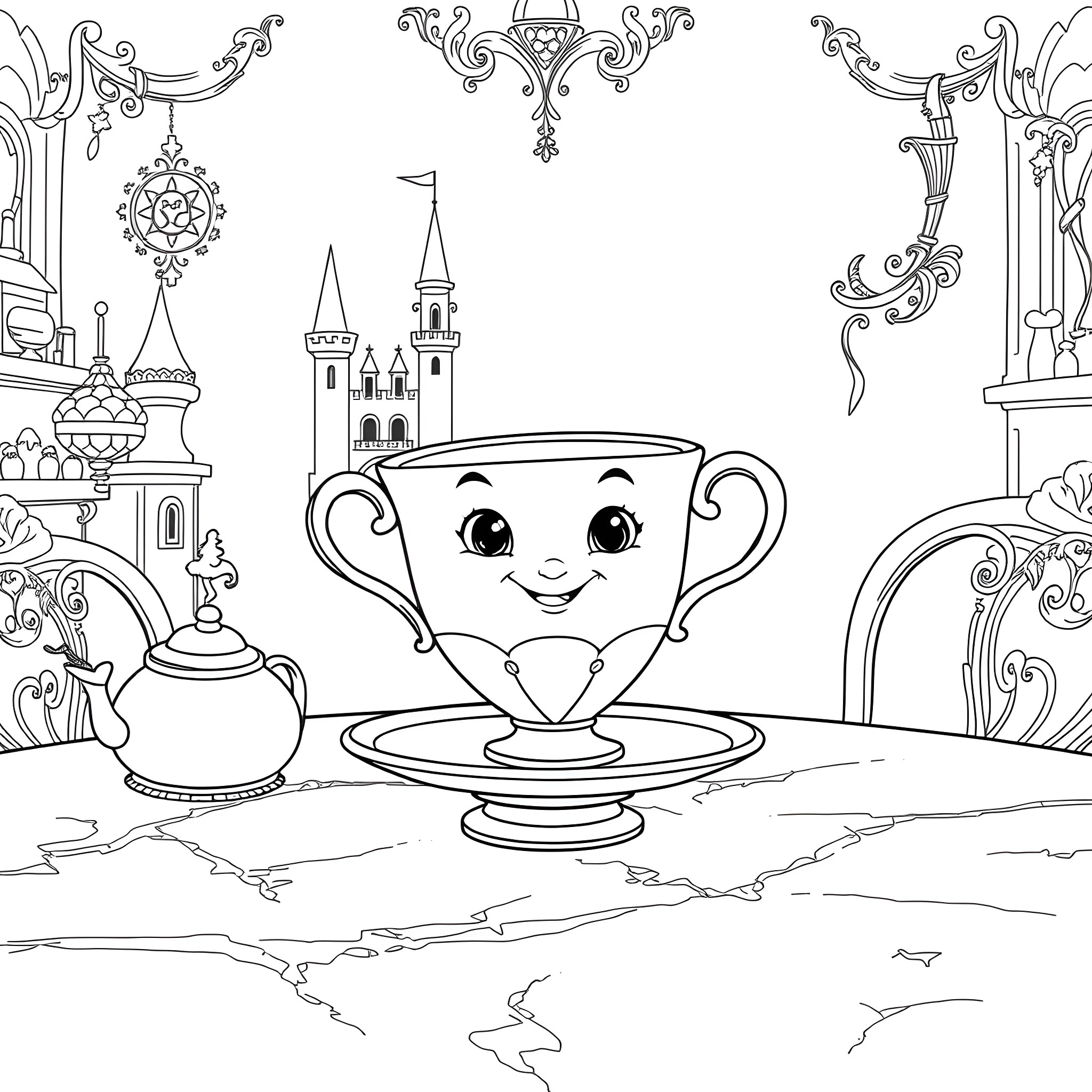 Chip's Charming Castle Courtyard Coloring Page (free black-and-white line drawing printable PDF for all, from beginners to advanced learners, including children, teens, adults, and seniors)