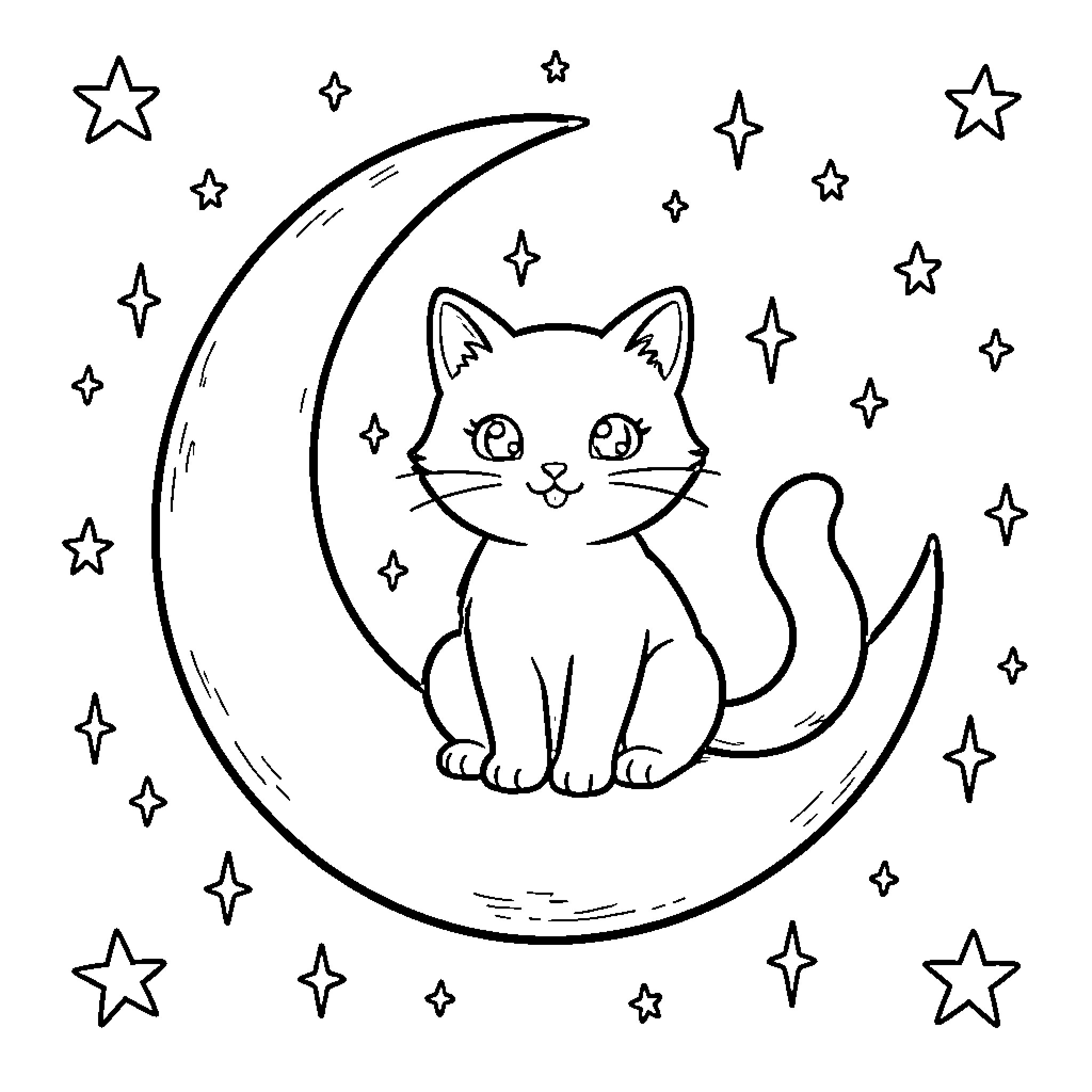 Cat on the Crescent Moon with Stars Coloring Page (free black-and-white line drawing printable PDF for all, from beginners to advanced learners, including children, teens, adults, and seniors)