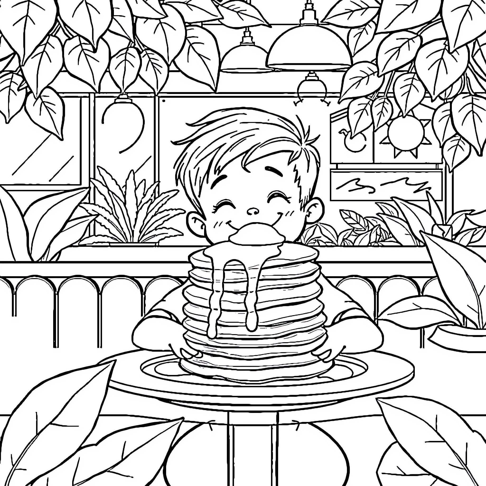 Kid enjoying breakfast in a cozy botanical setting Coloring Page (free black-and-white line drawing printable PDF for all, from beginners to advanced learners, including children, teens, adults, and seniors)