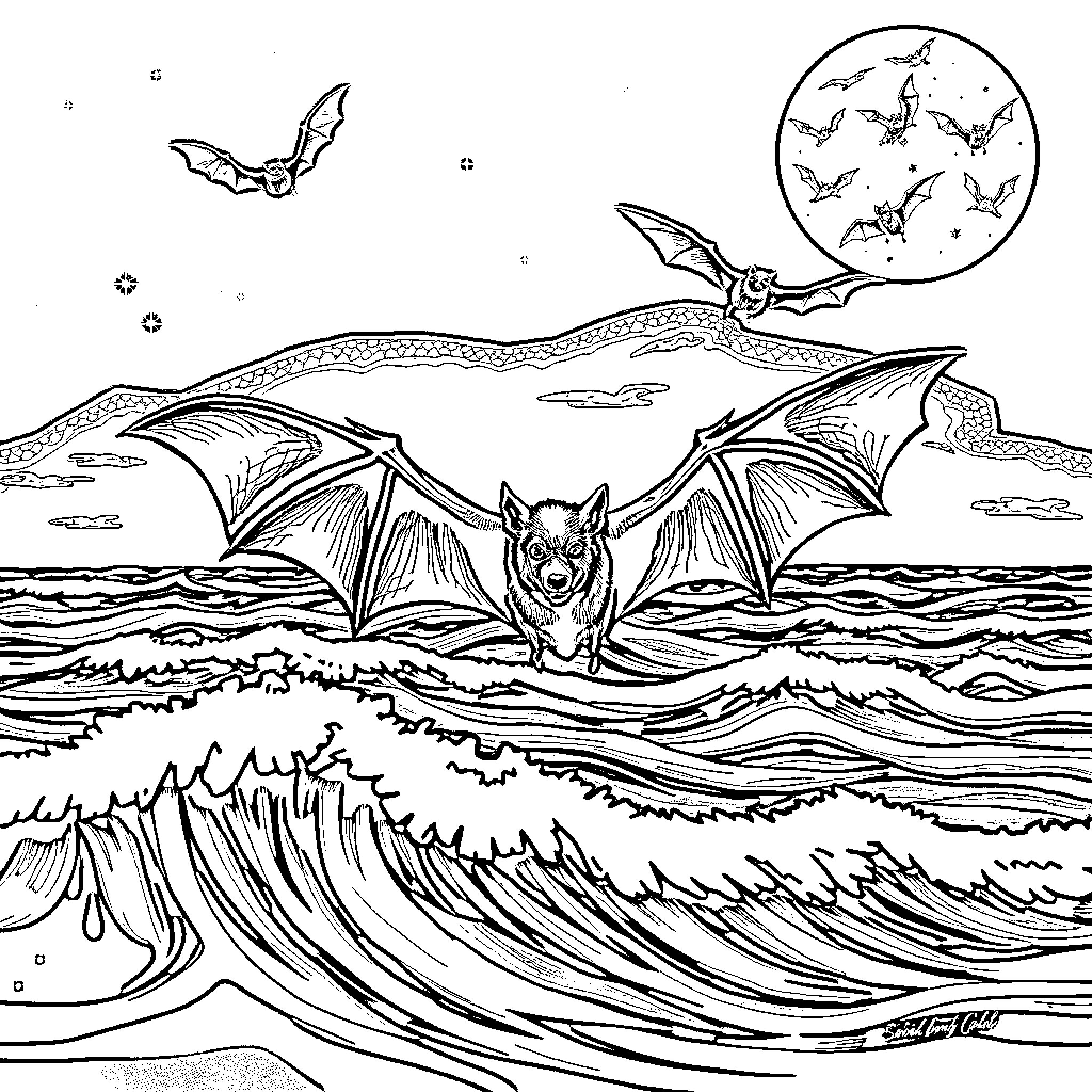 Bat Soaring Over Crashing Waves in Moonlit Night Coloring Page (free black-and-white line drawing printable PDF for all, from beginners to advanced learners, including children, teens, adults, and seniors)