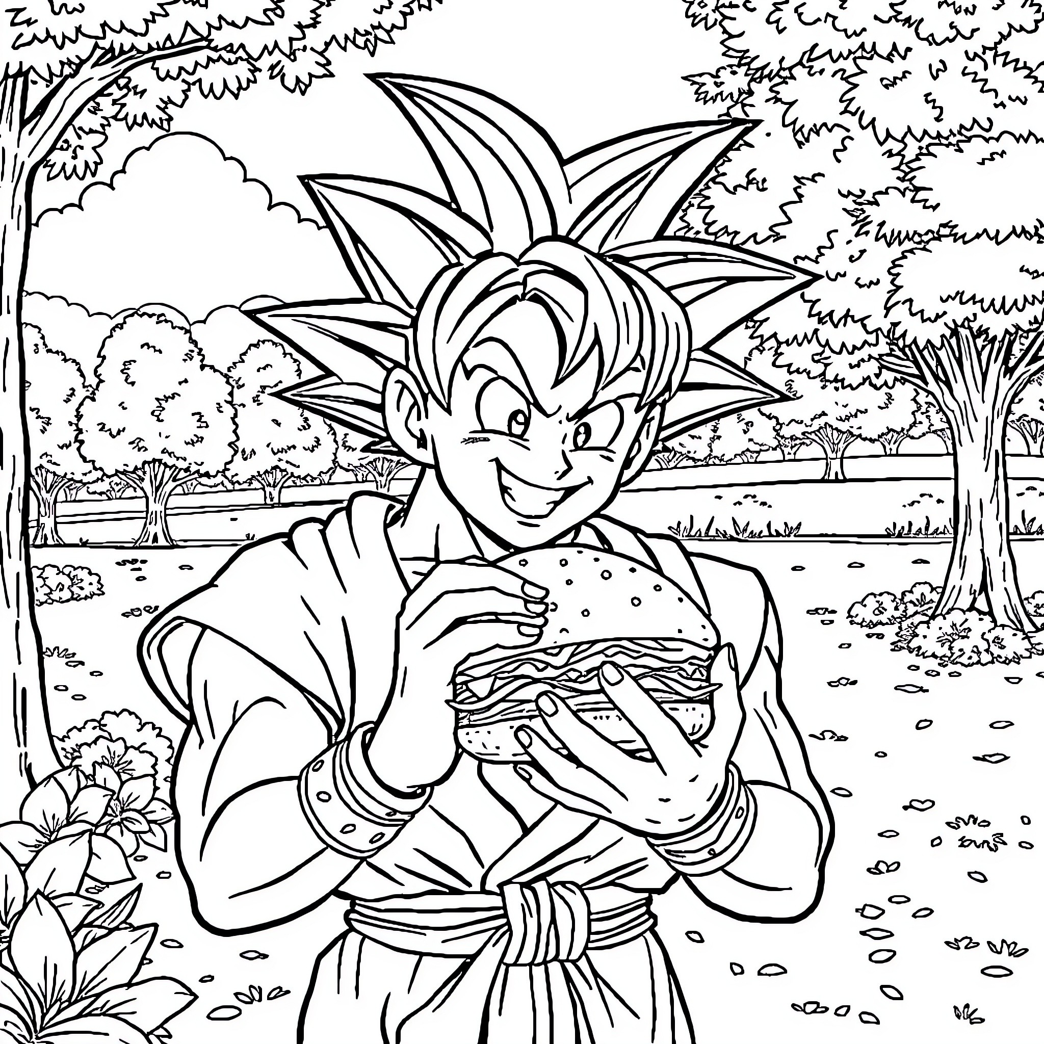 Goku enjoying a meal in the peaceful outdoors Coloring Page (free black-and-white line drawing printable PDF for all, from beginners to advanced learners, including children, teens, adults, and seniors)