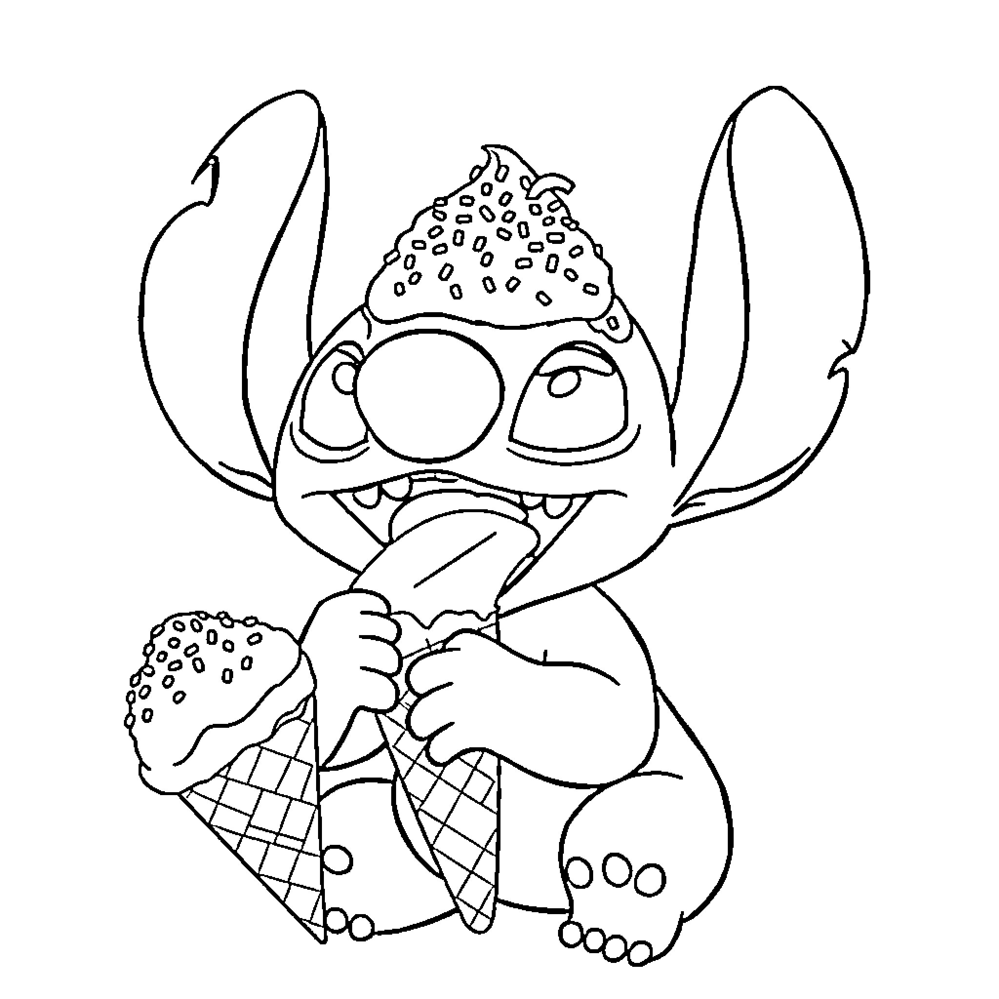 Stitch Eating Burgers Happily Coloring Page (free black-and-white line drawing printable PDF for all, from beginners to advanced learners, including children, teens, adults, and seniors)