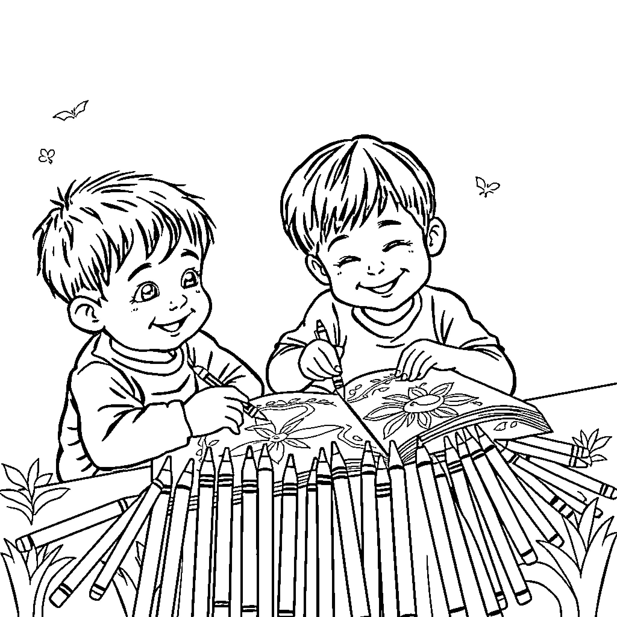 Children coloring together happily with crayons Coloring Page (free black-and-white line drawing printable PDF for all, from beginners to advanced learners, including children, teens, adults, and seniors)