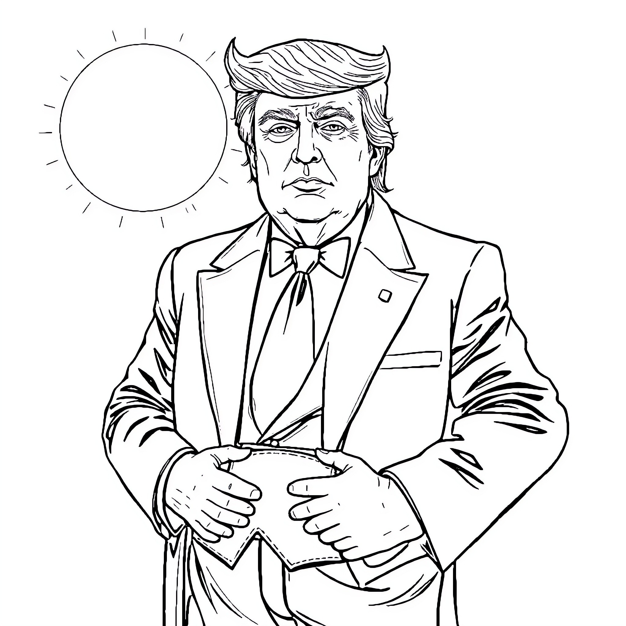 Donald Trump in formal attire with stern expression Coloring Page (free black-and-white line drawing printable PDF for all, from beginners to advanced learners, including children, teens, adults, and seniors)