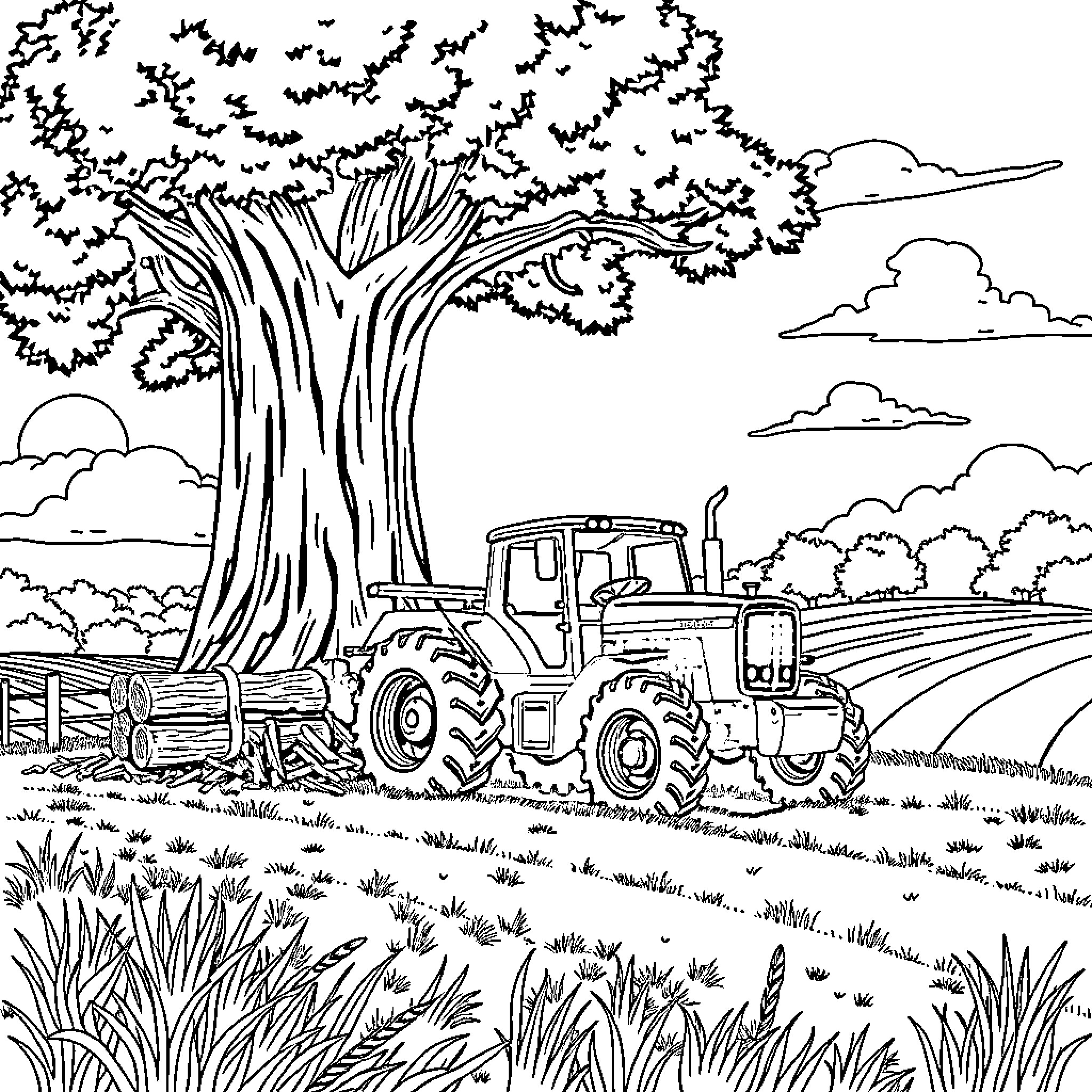 Tractor working in the countryside landscape Coloring Page (free black-and-white line drawing printable PDF for all, from beginners to advanced learners, including children, teens, adults, and seniors)