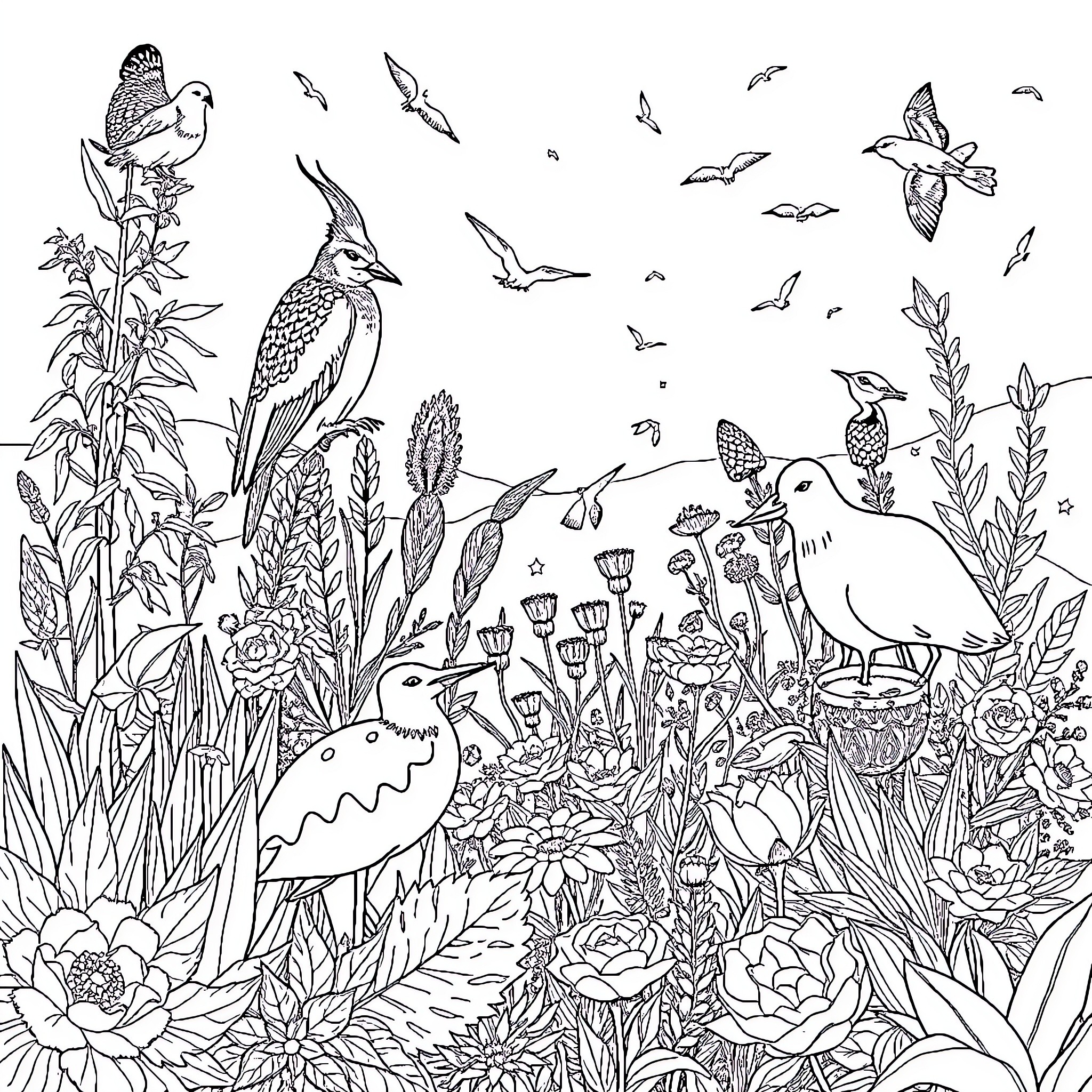 Nature's Vibrant Wildlife Sanctuary Coloring Page (free black-and-white line drawing printable PDF for all, from beginners to advanced learners, including children, teens, adults, and seniors)