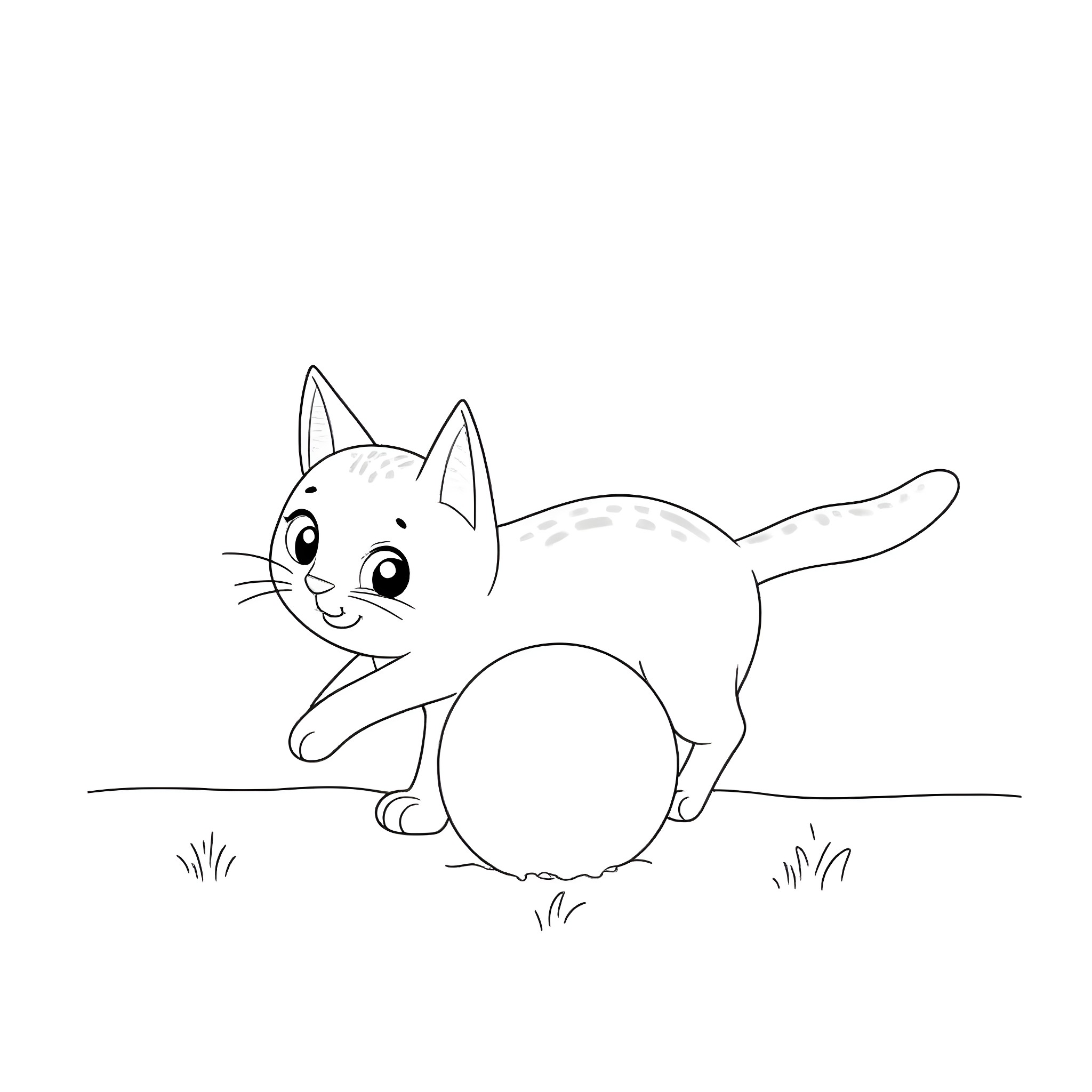 Cat playing with a ball in the field Coloring Page (free black-and-white line drawing printable PDF for all, from beginners to advanced learners, including children, teens, adults, and seniors)