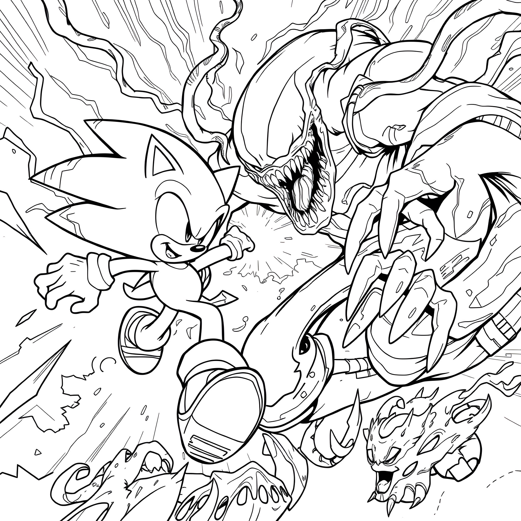 Sonic in an action-packed scene with powerful foes Coloring Page (free black-and-white line drawing printable PDF for all, from beginners to advanced learners, including children, teens, adults, and seniors)