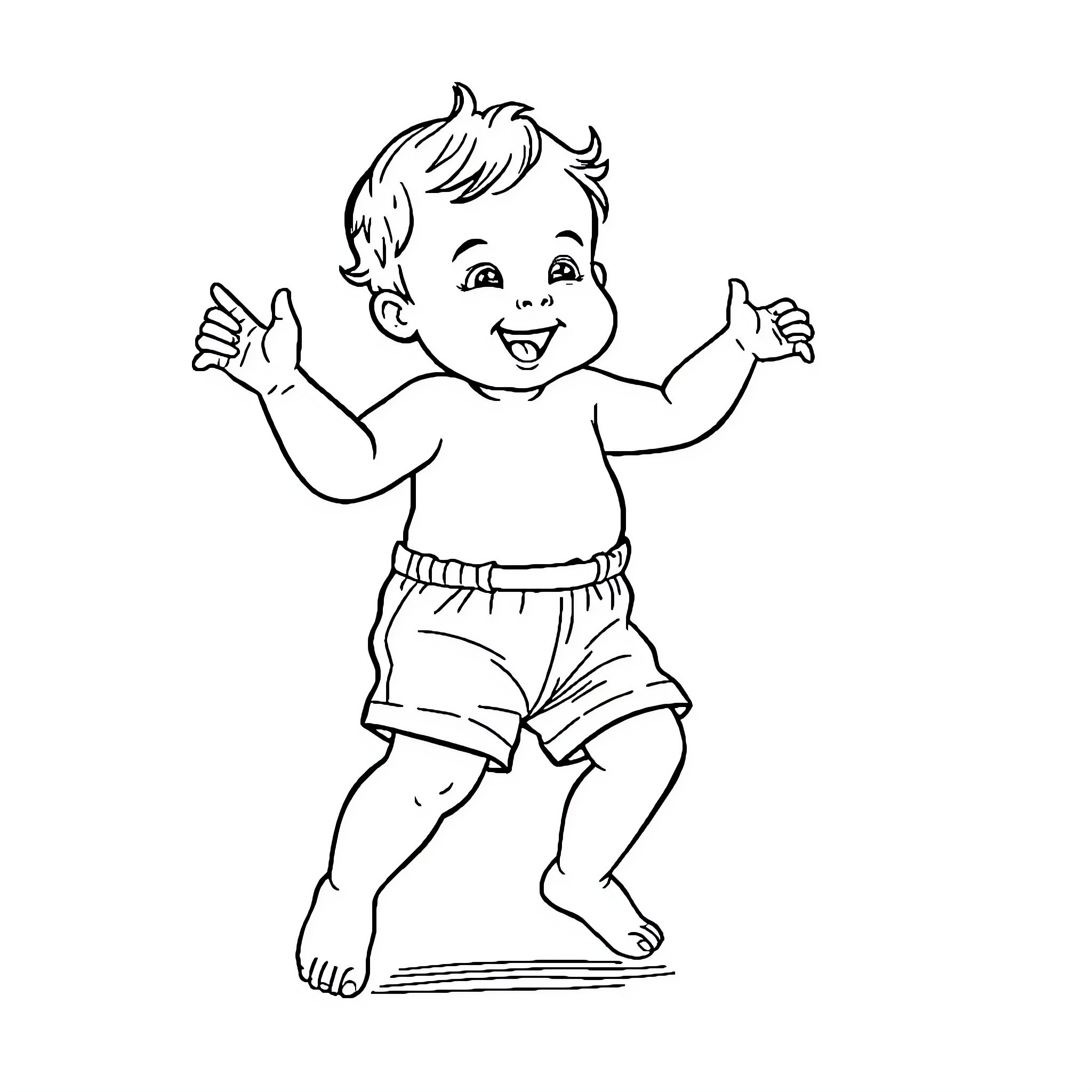 Baby Cheerfully Waving Arms and Smiling Coloring Page (free black-and-white line drawing printable PDF for all, from beginners to advanced learners, including children, teens, adults, and seniors)