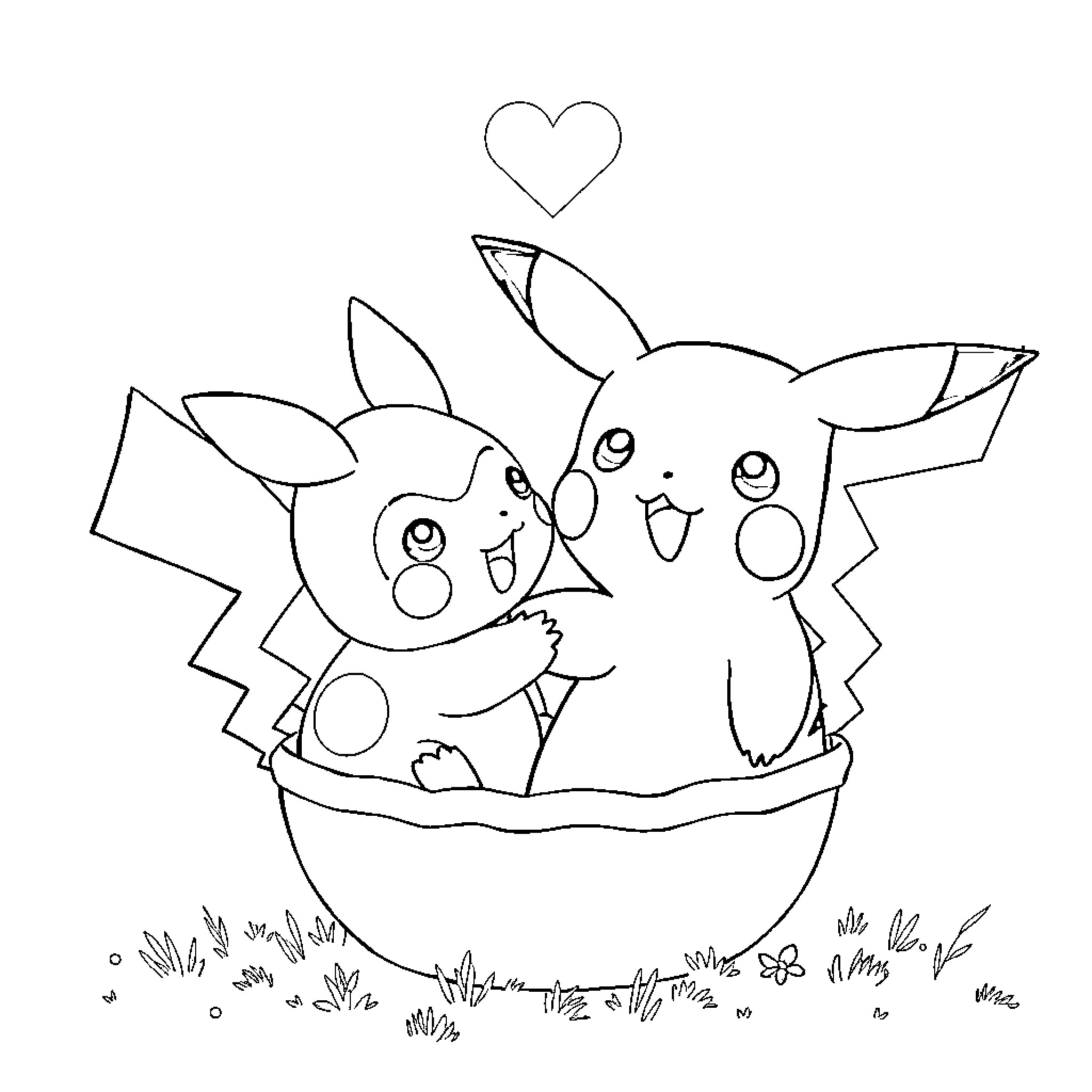 Pikachu enjoying a loving moment with friends Coloring Page (free black-and-white line drawing printable PDF for all, from beginners to advanced learners, including children, teens, adults, and seniors)