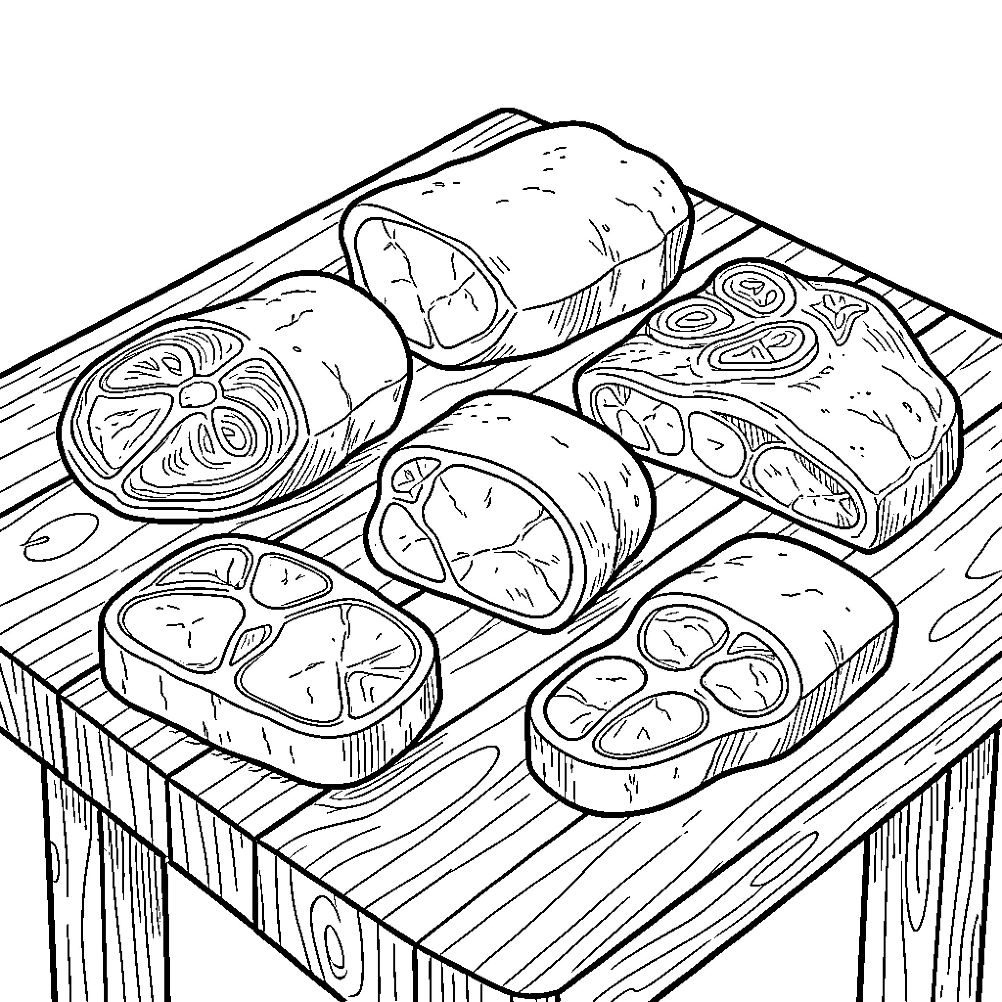 Meat cuts arranged on a wooden table Coloring Page (free black-and-white line drawing printable PDF for all, from beginners to advanced learners, including children, teens, adults, and seniors)