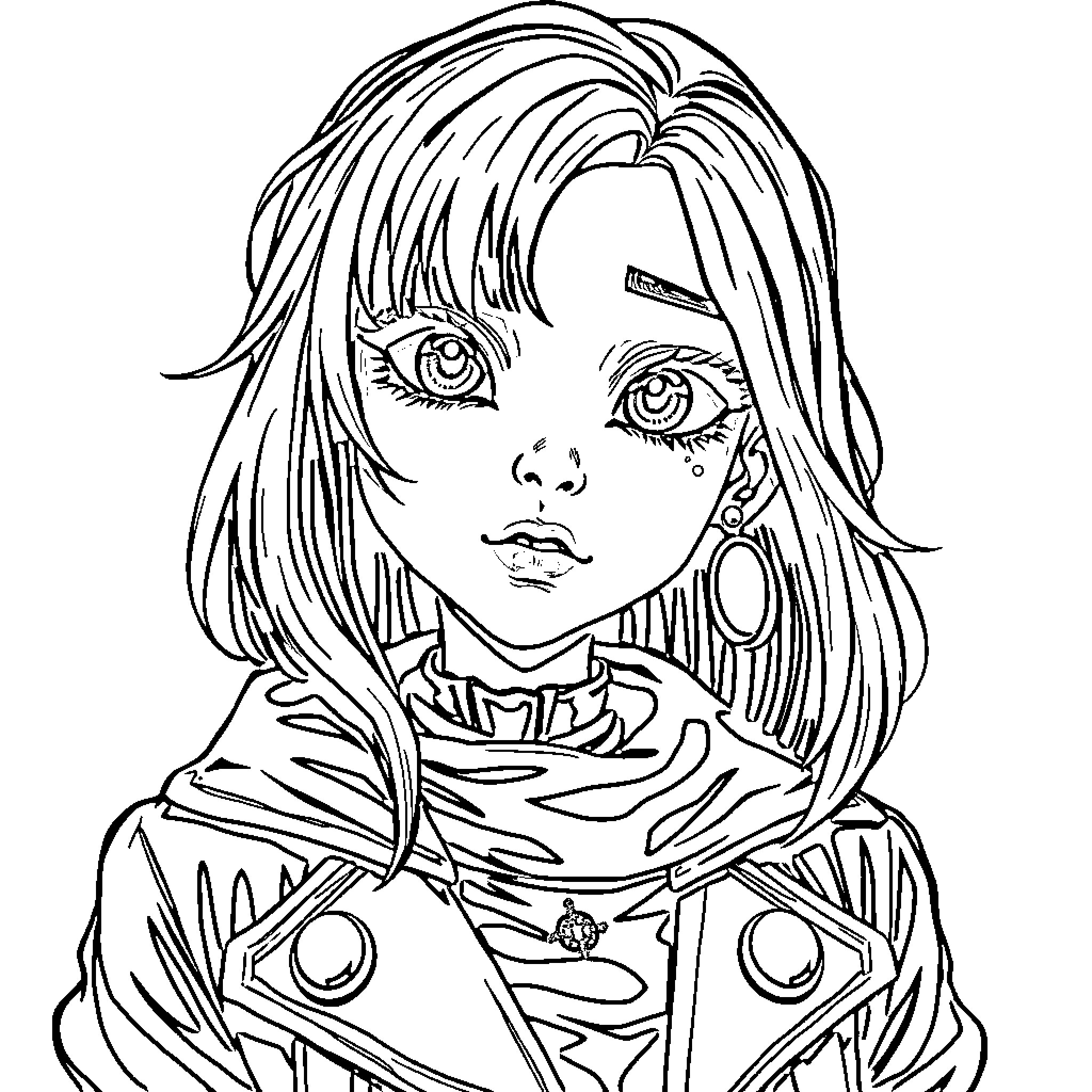 Goth Girl with Intricate Outfit and Pensive Expression Coloring Page (free black-and-white line drawing printable PDF for all, from beginners to advanced learners, including children, teens, adults, and seniors)