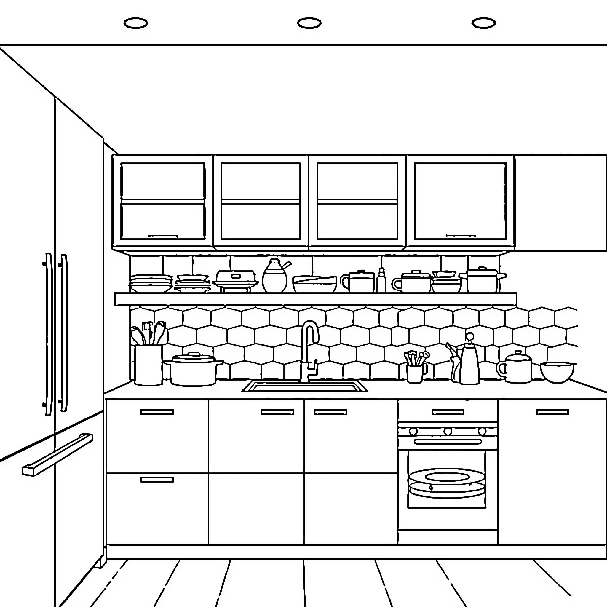 Kitchen with modern appliances and storage units Coloring Page (free black-and-white line drawing printable PDF for all, from beginners to advanced learners, including children, teens, adults, and seniors)