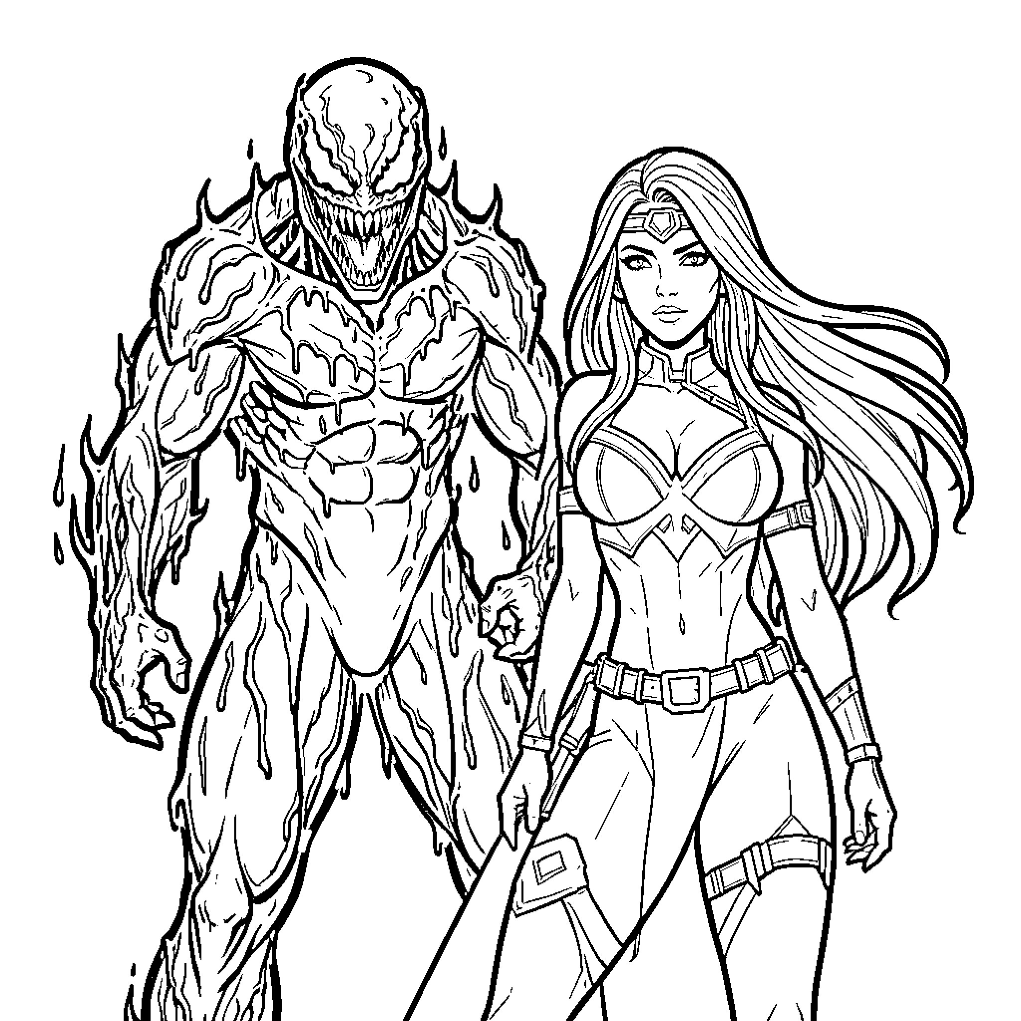 Gamora and Venom - Fierce Duo Coloring Page (free black-and-white line drawing printable PDF for all, from beginners to advanced learners, including children, teens, adults, and seniors)