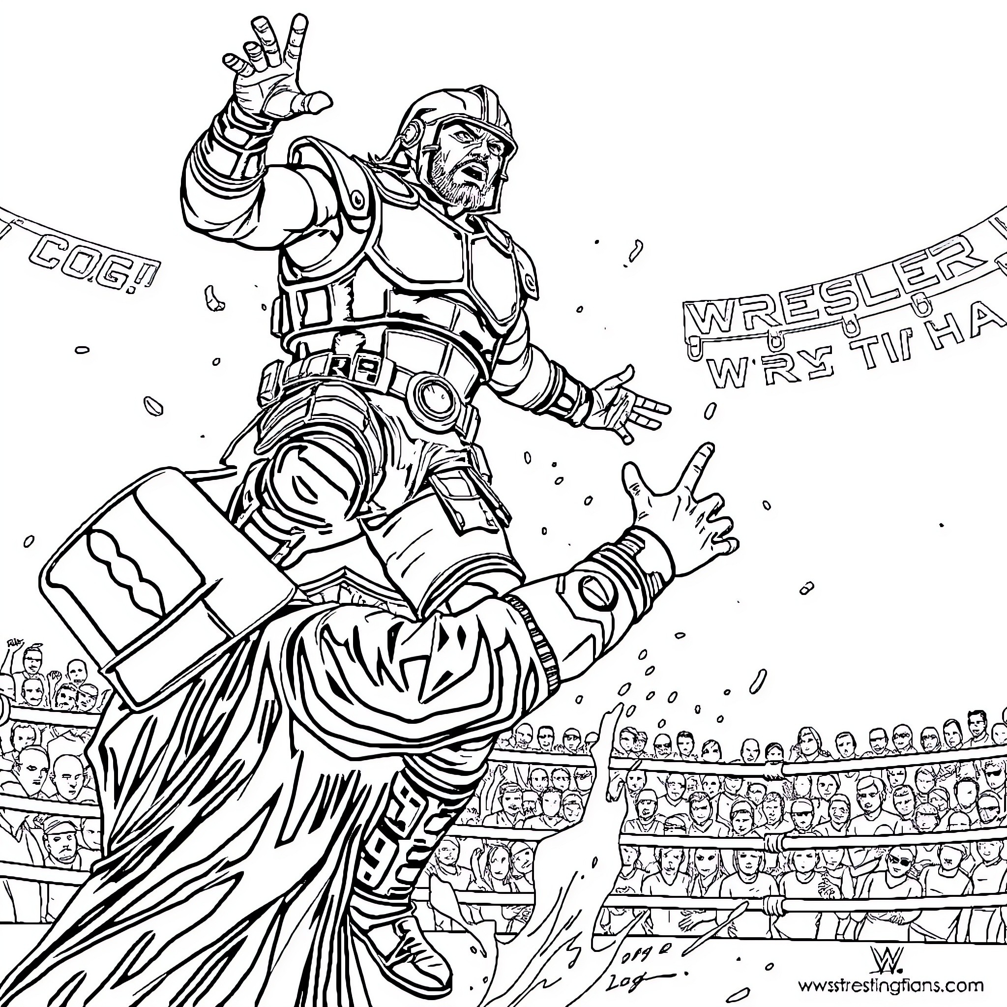 Marcus Fenix, the Gears of War Wrestler, Dominates the Arena Coloring Page (free black-and-white line drawing printable PDF for all, from beginners to advanced learners, including children, teens, adults, and seniors)