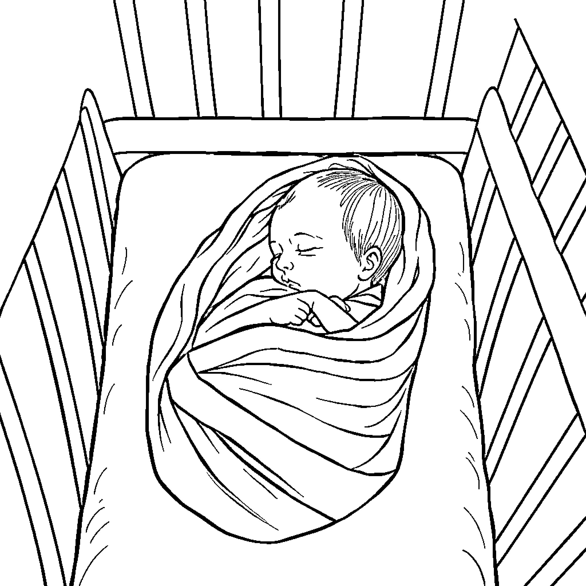 Baby sleeping peacefully in crib Coloring Page (free black-and-white line drawing printable PDF for all, from beginners to advanced learners, including children, teens, adults, and seniors)