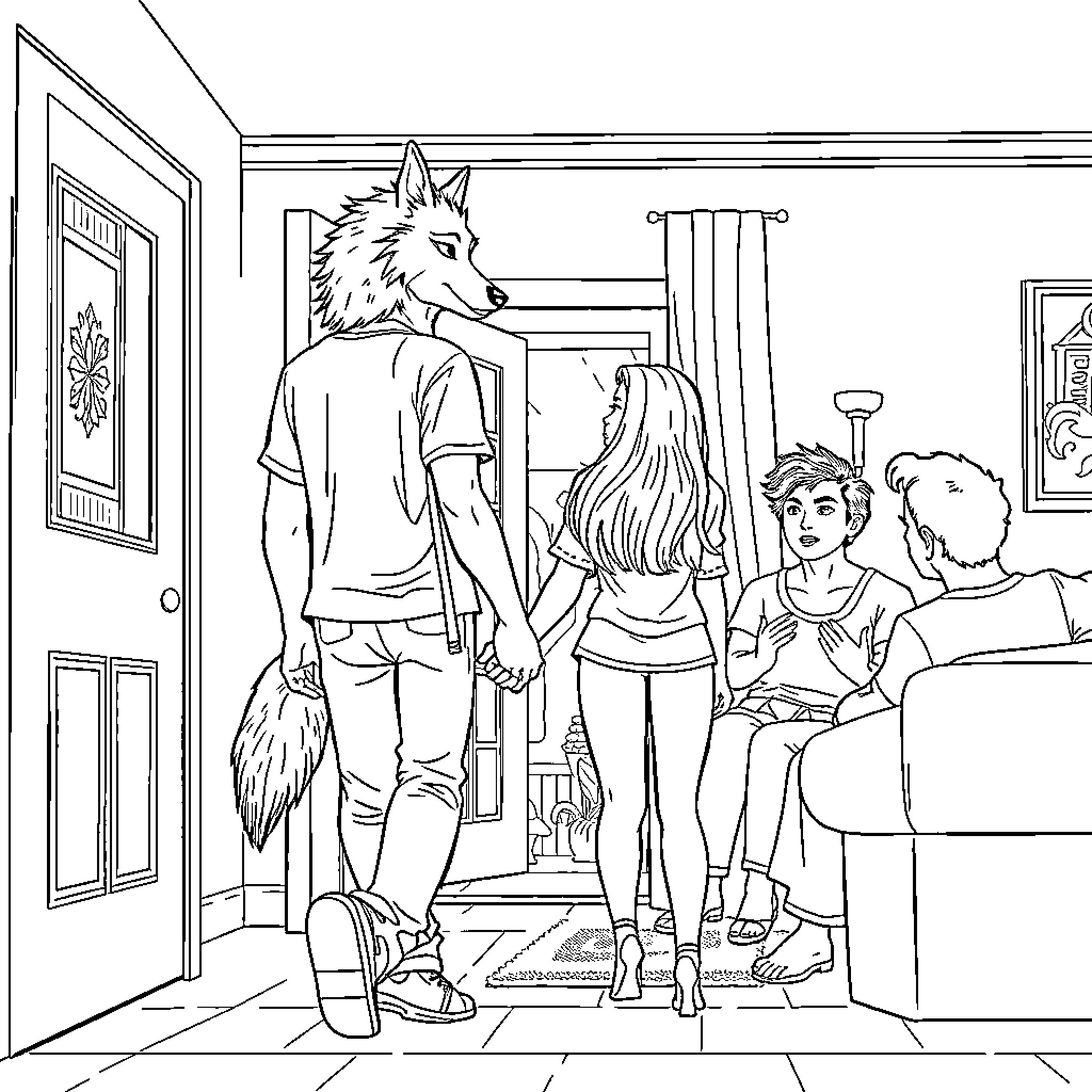 Guy in wolf costume interacting with friends at home Coloring Page (free black-and-white line drawing printable PDF for all, from beginners to advanced learners, including children, teens, adults, and seniors)