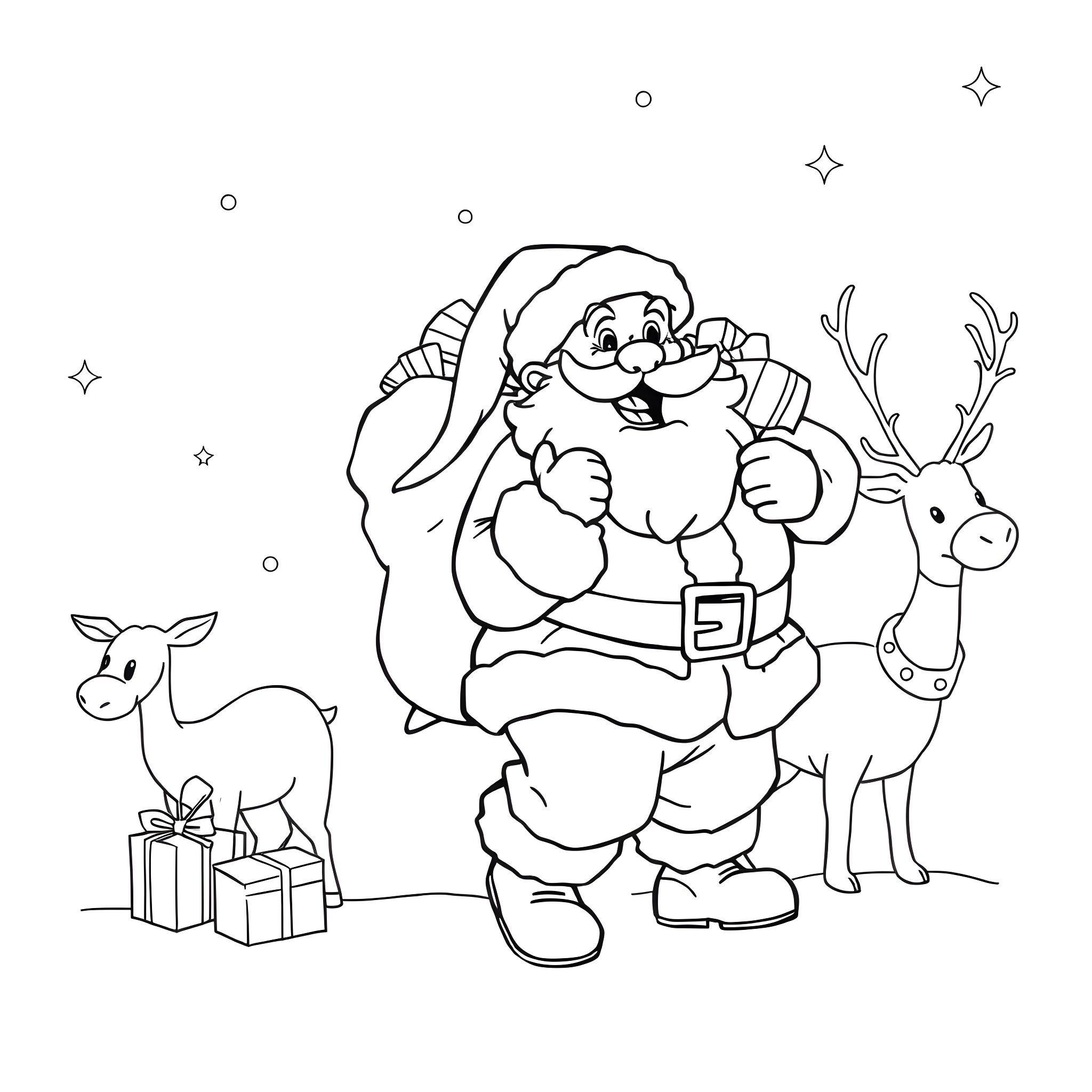 Santa Claus delivering gifts to deer in winter Coloring Page (free black-and-white line drawing printable PDF for all, from beginners to advanced learners, including children, teens, adults, and seniors)