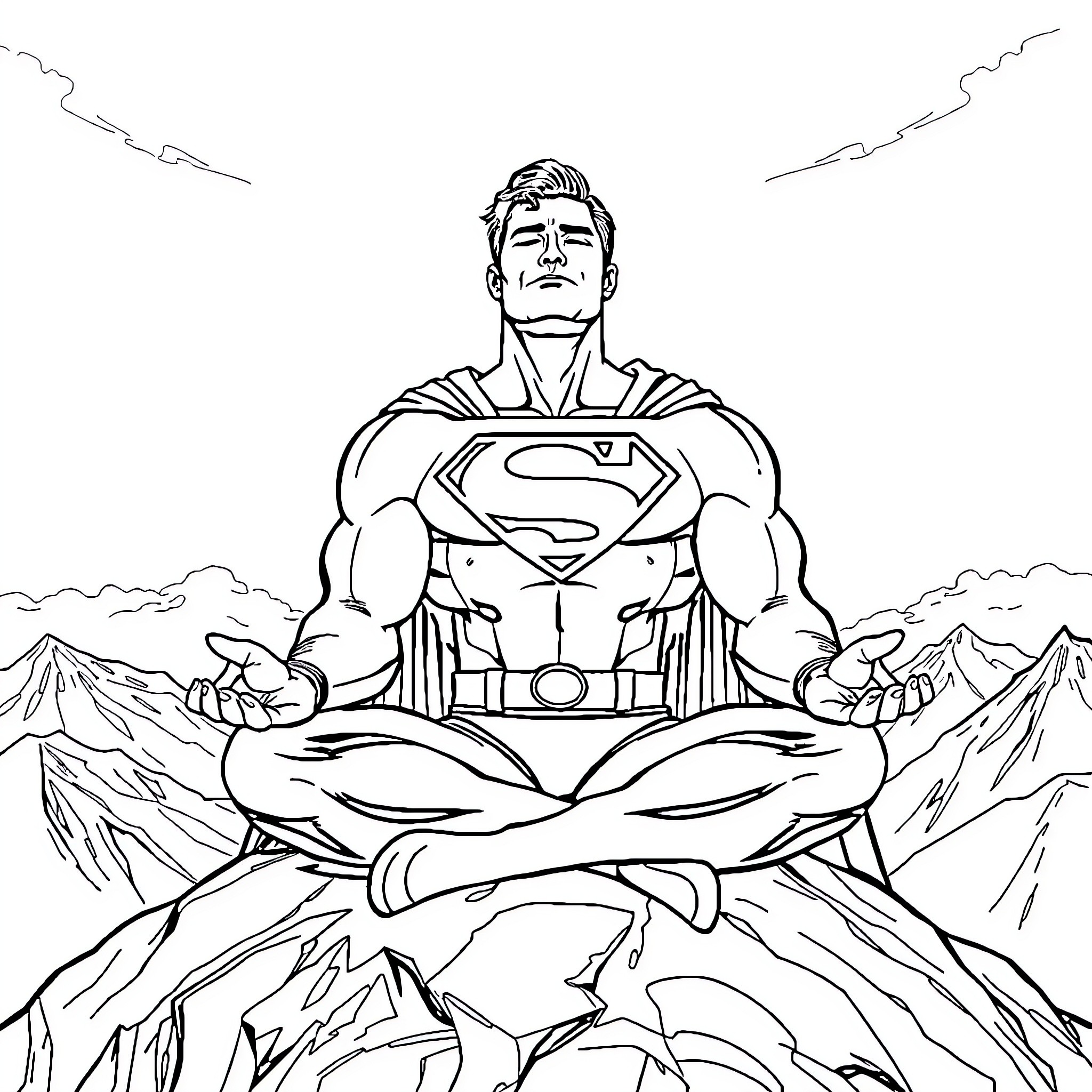 Superman meditating on a rocky mountain peak Coloring Page (free black-and-white line drawing printable PDF for all, from beginners to advanced learners, including children, teens, adults, and seniors)