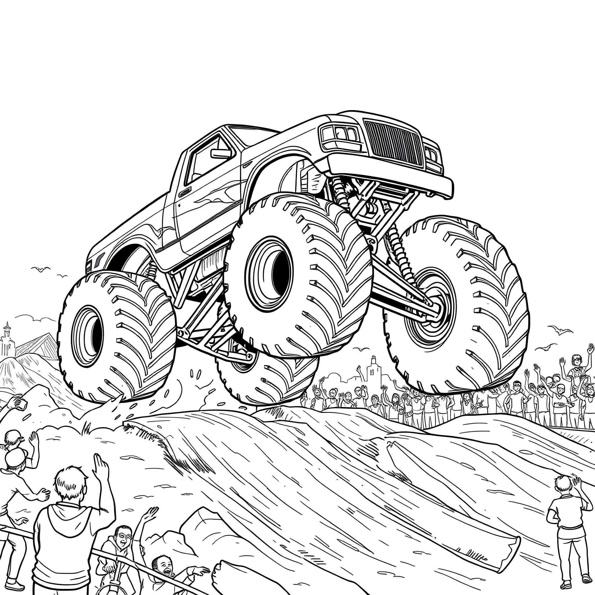 Monster Truck Performing Stunts in Front of Cheering Crowd Coloring Page (free black-and-white line drawing printable PDF for all, from beginners to advanced learners, including children, teens, adults, and seniors)