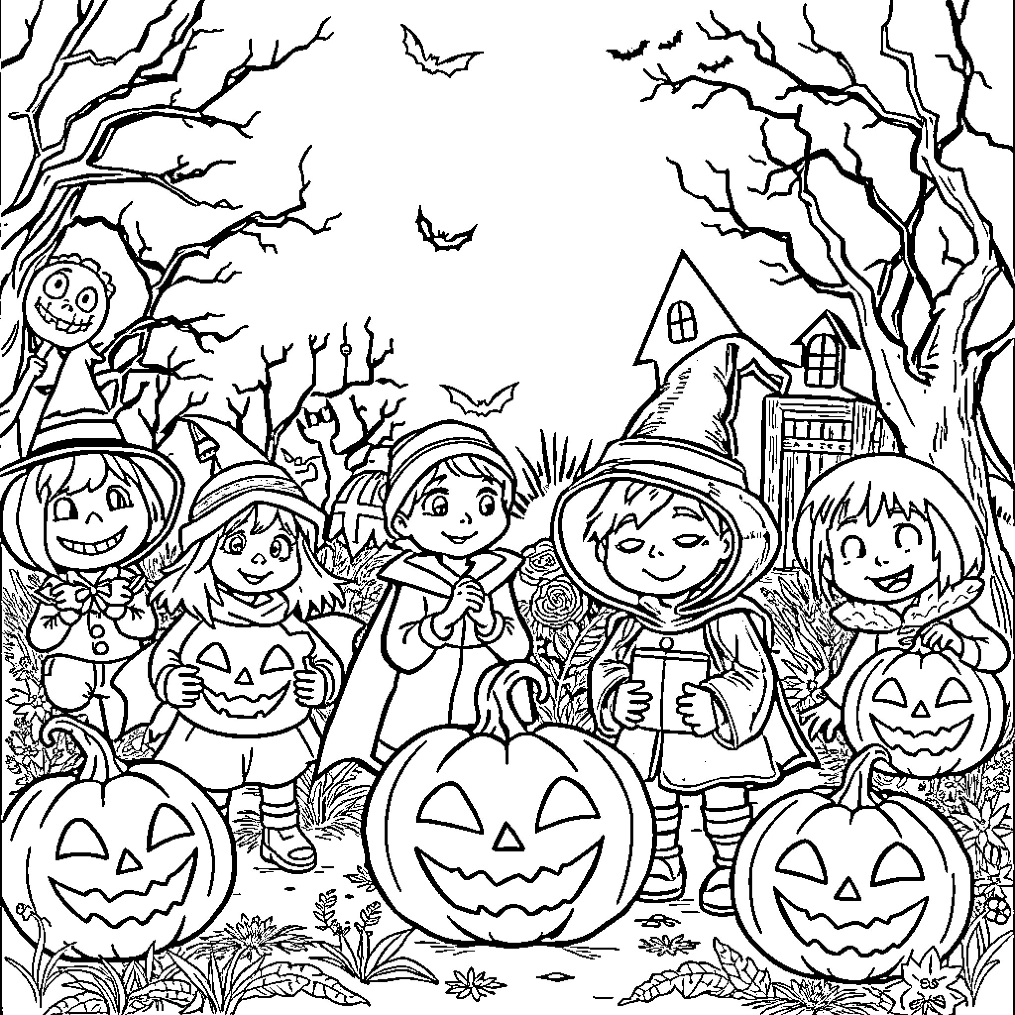 Halloween fun with costumed children in the spooky woods Coloring Page (free black-and-white line drawing printable PDF for all, from beginners to advanced learners, including children, teens, adults, and seniors)
