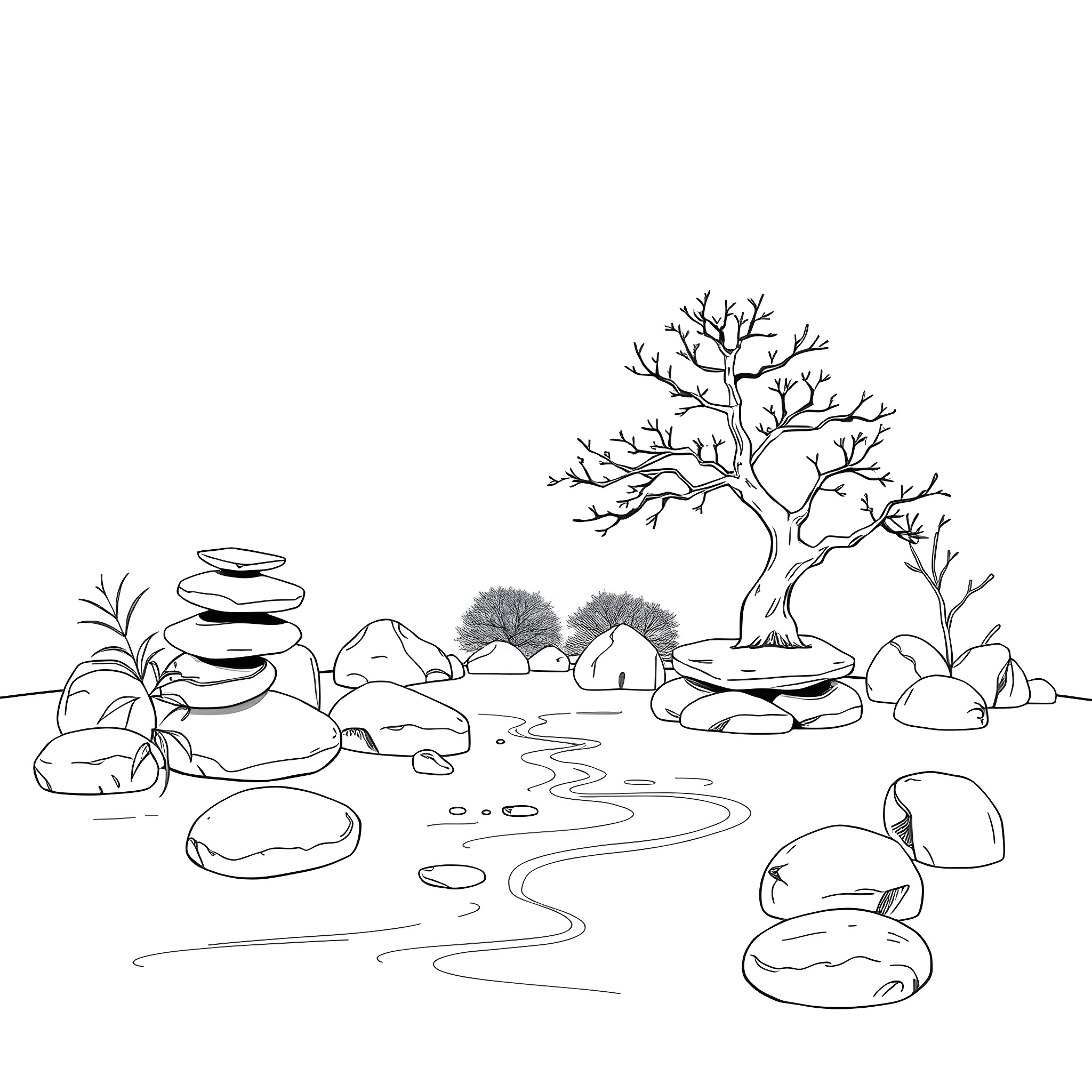 Zen Garden with Meandering Stream and Bonsai Tree Coloring Page (free black-and-white line drawing printable PDF for all, from beginners to advanced learners, including children, teens, adults, and seniors)