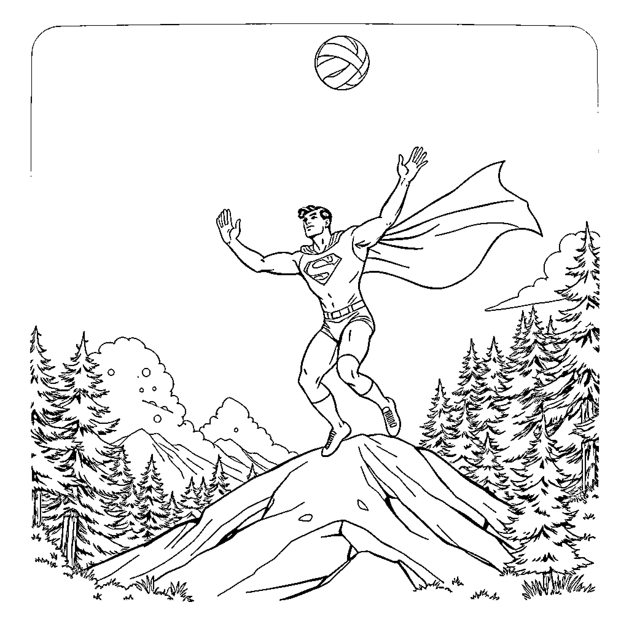Superman leaping heroically in the mountains Coloring Page (free black-and-white line drawing printable PDF for all, from beginners to advanced learners, including children, teens, adults, and seniors)