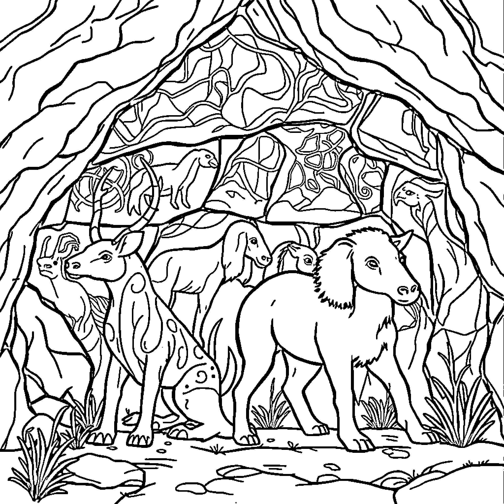 Cave Art Depicting Forest Animals in Natural Habitat Coloring Page (free black-and-white line drawing printable PDF for all, from beginners to advanced learners, including children, teens, adults, and seniors)