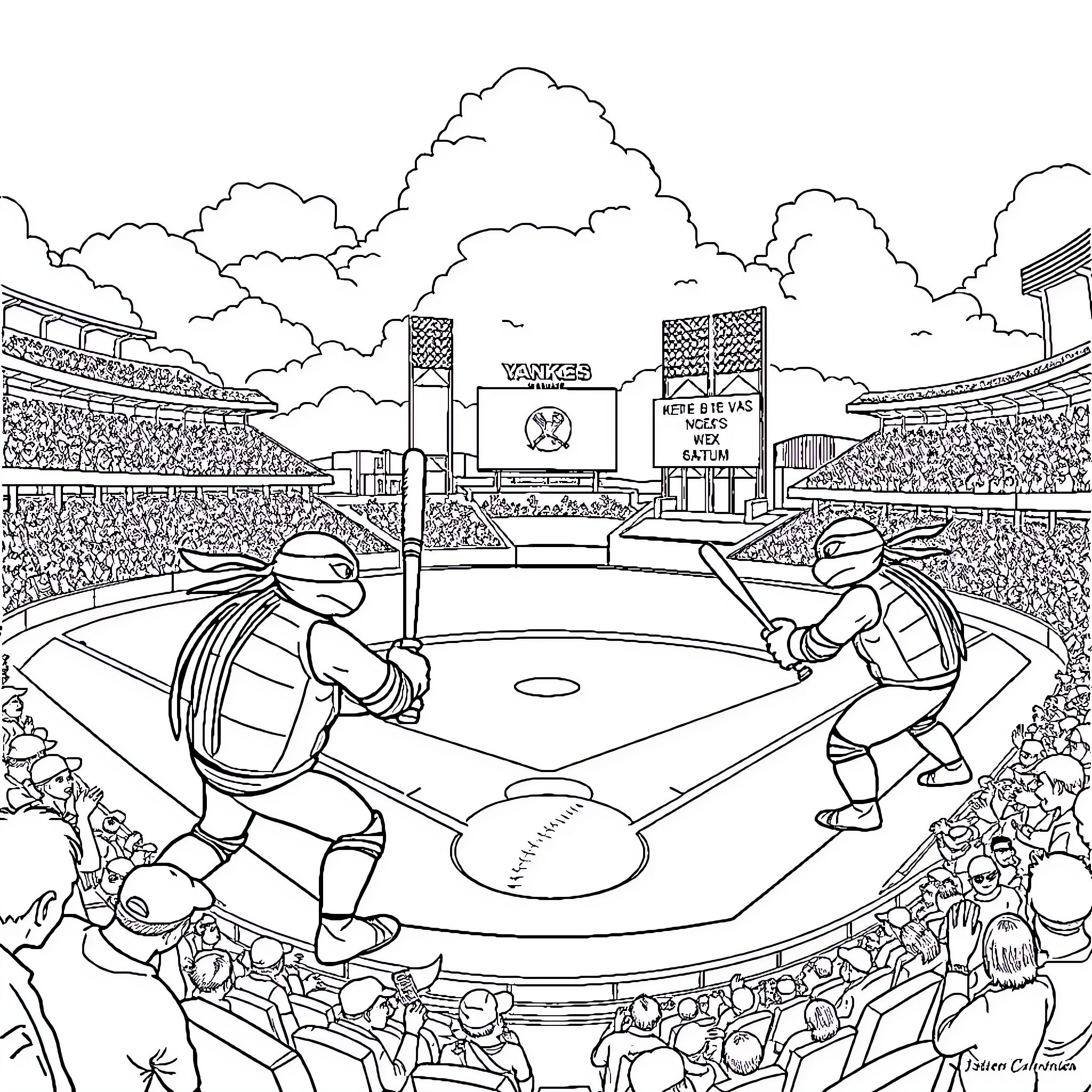 Teenage Mutant Ninja Turtle Baseball Game at Stadium Coloring Page (free black-and-white line drawing printable PDF for all, from beginners to advanced learners, including children, teens, adults, and seniors)