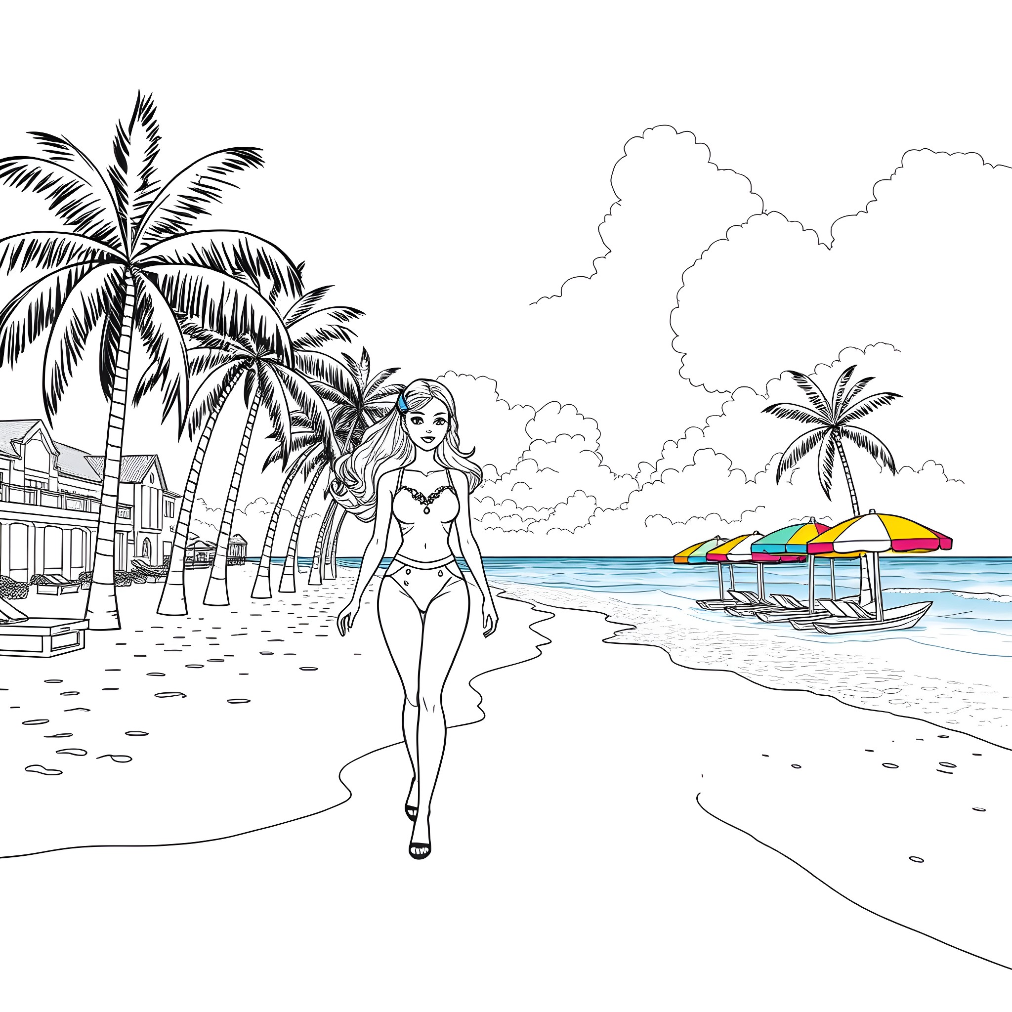 Barbie enjoying a day at the tropical beach Coloring Page (free black-and-white line drawing printable PDF for all, from beginners to advanced learners, including children, teens, adults, and seniors)