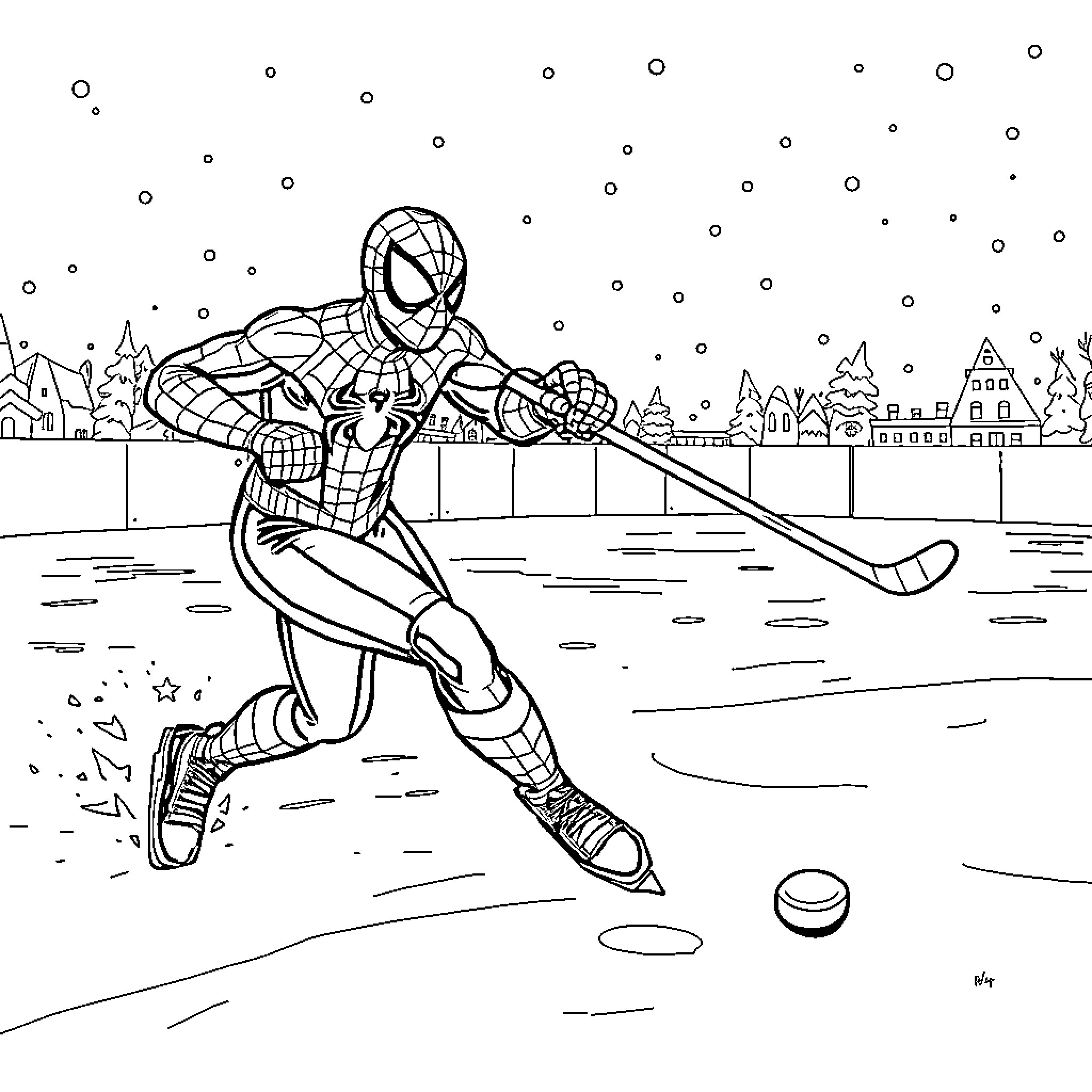 Spiderman playing hockey on a snowy field Coloring Page (free black-and-white line drawing printable PDF for all, from beginners to advanced learners, including children, teens, adults, and seniors)