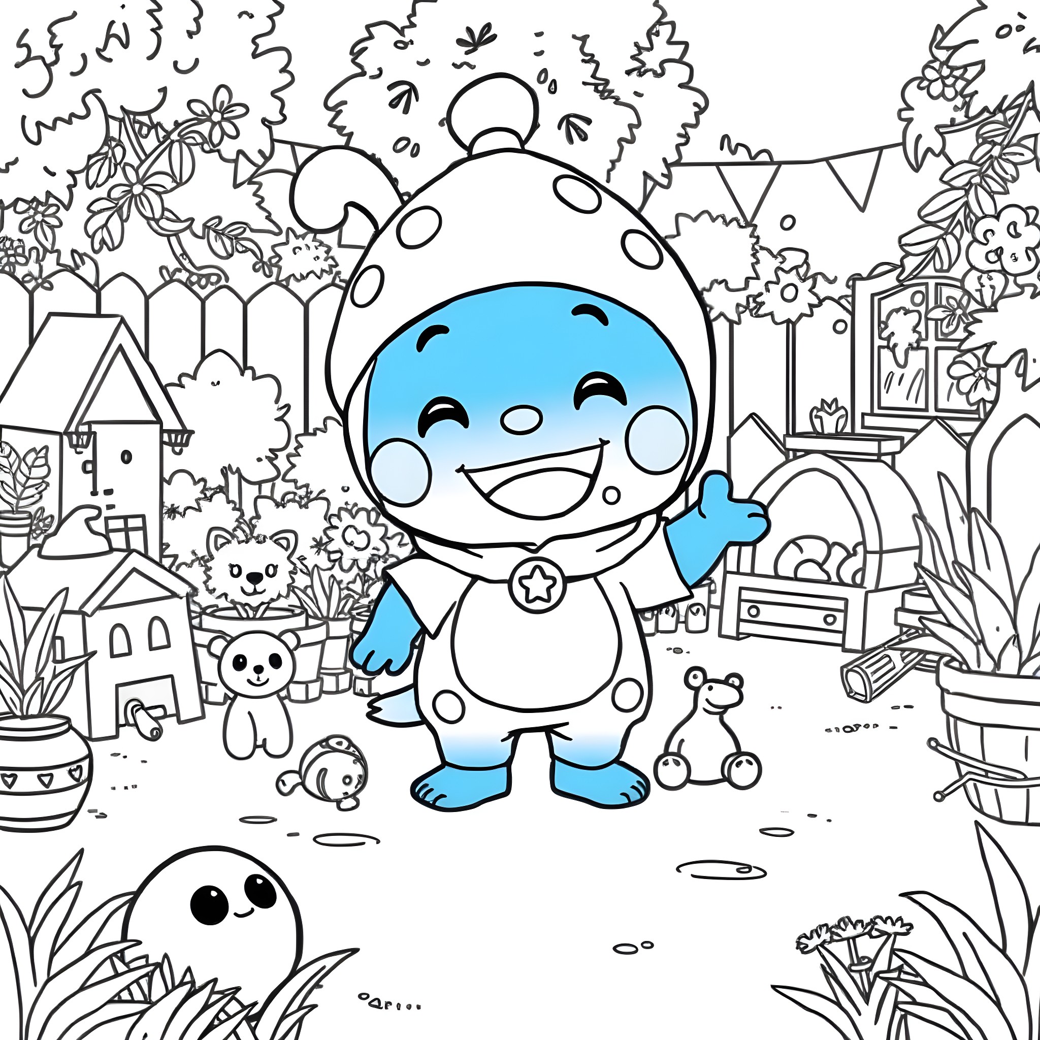 Bluey's Whimsical Playground Adventure Coloring Page (free black-and-white line drawing printable PDF for all, from beginners to advanced learners, including children, teens, adults, and seniors)
