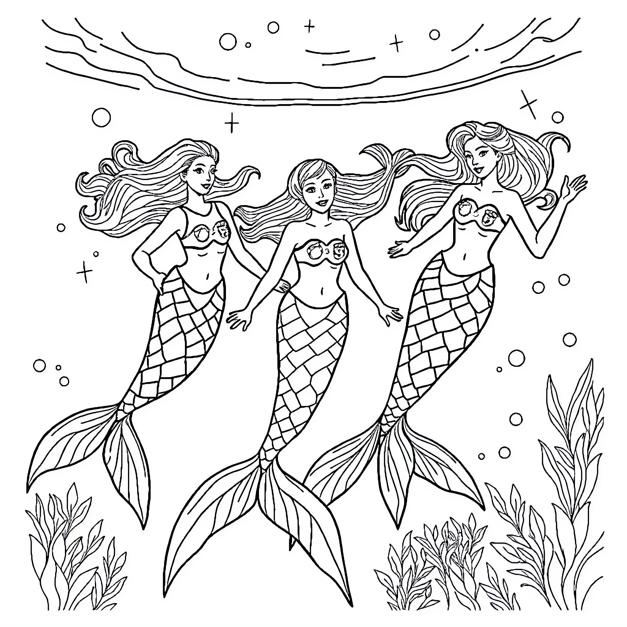 Mermaid trio swimming gracefully in the ocean Coloring Page (free black-and-white line drawing printable PDF for all, from beginners to advanced learners, including children, teens, adults, and seniors)