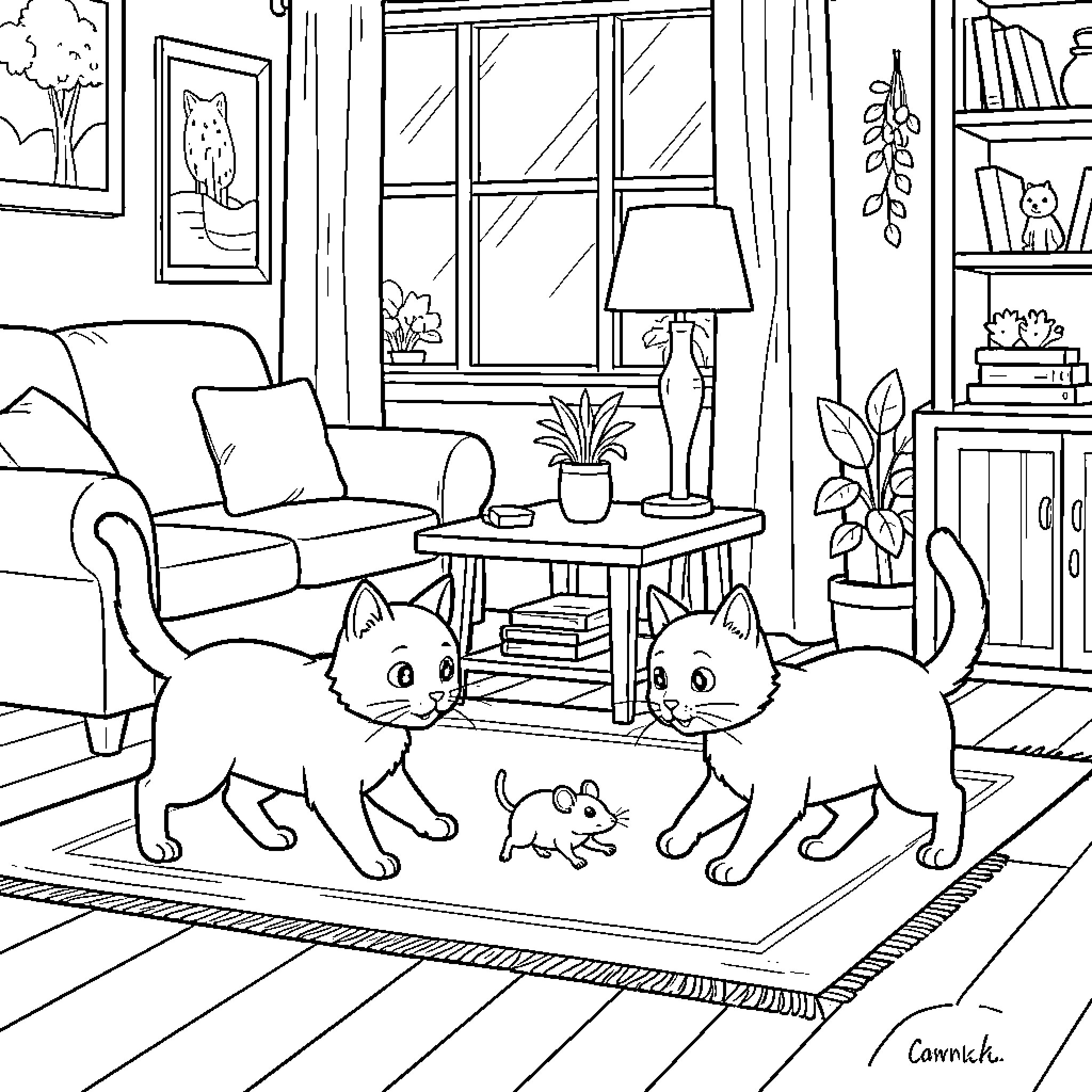Gatos playing with a small mouse in a cozy living room Coloring Page (free black-and-white line drawing printable PDF for all, from beginners to advanced learners, including children, teens, adults, and seniors)