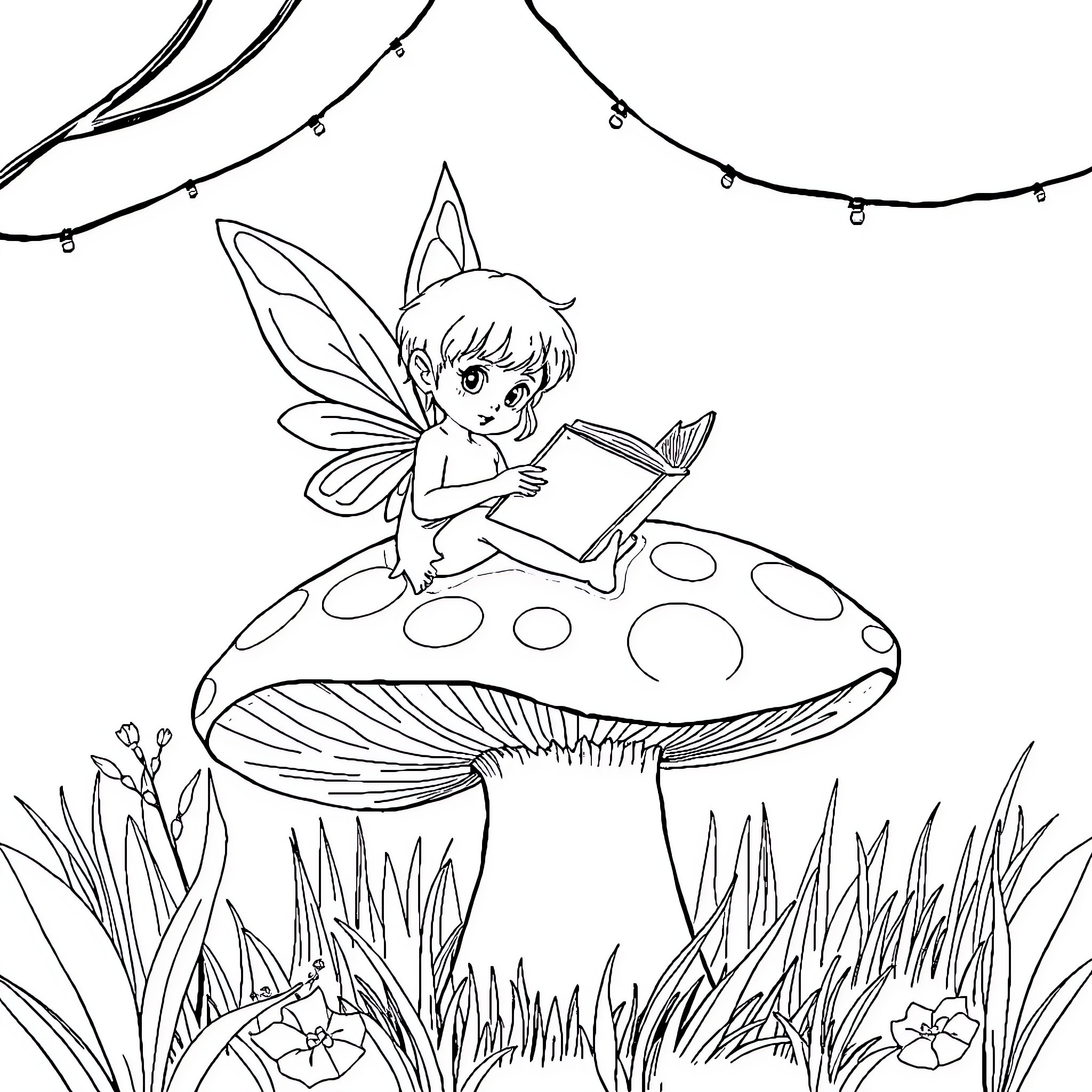 Fairy reading enchanting book on mushroom Coloring Page (free black-and-white line drawing printable PDF for all, from beginners to advanced learners, including children, teens, adults, and seniors)