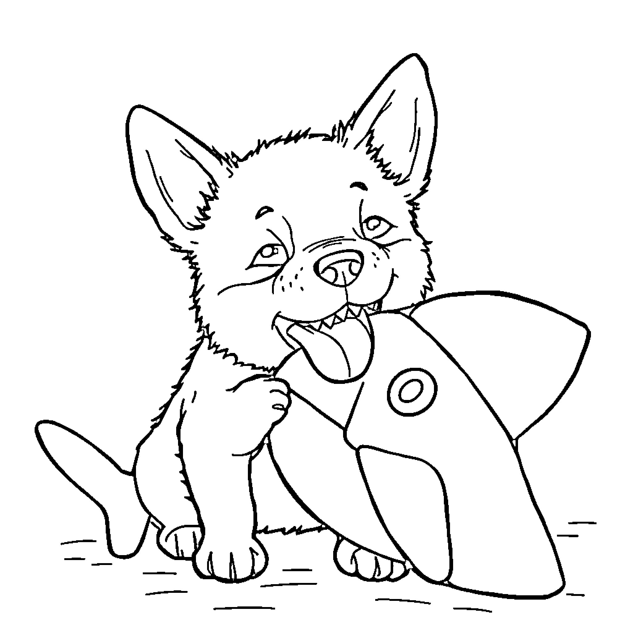Dog playing with surfboard on the beach Coloring Page (free black-and-white line drawing printable PDF for all, from beginners to advanced learners, including children, teens, adults, and seniors)