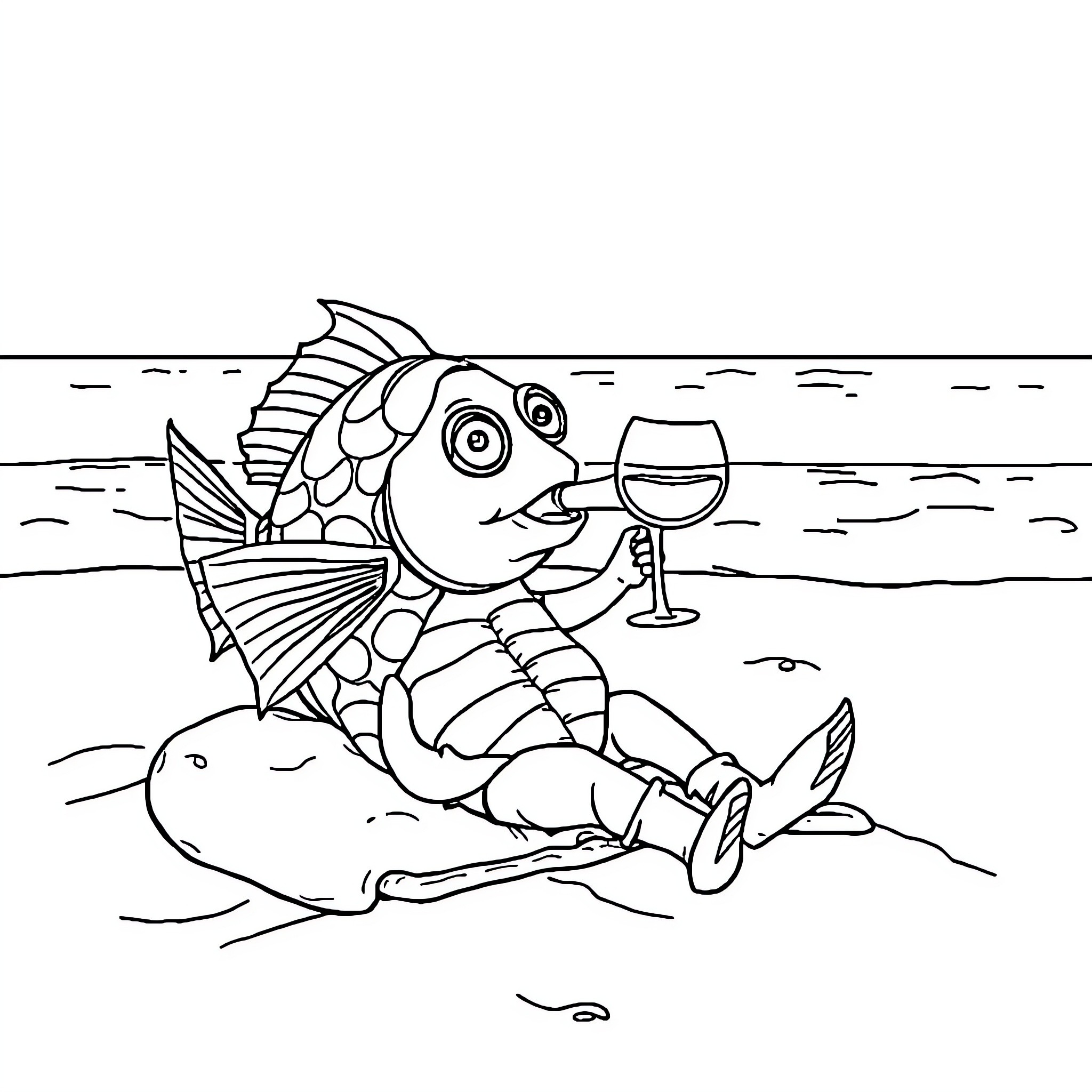 Fish enjoying a glass of wine on the beach Coloring Page (free black-and-white line drawing printable PDF for all, from beginners to advanced learners, including children, teens, adults, and seniors)