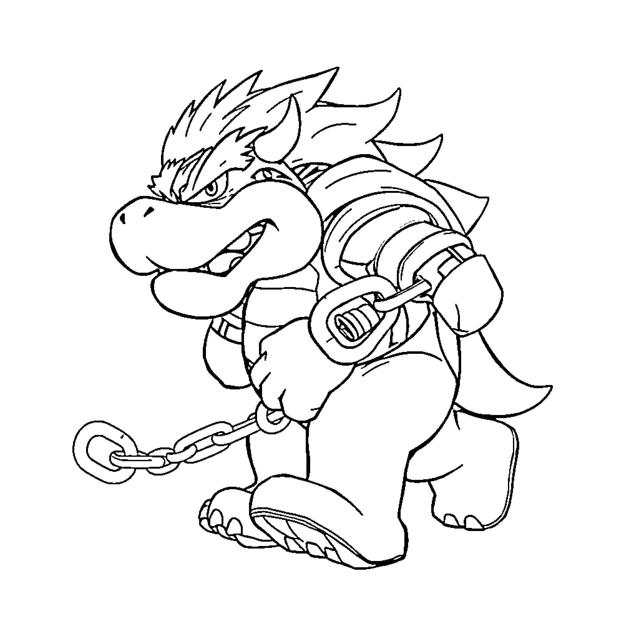 Bowser in battle gear standing ready Coloring Page (free black-and-white line drawing printable PDF for all, from beginners to advanced learners, including children, teens, adults, and seniors)