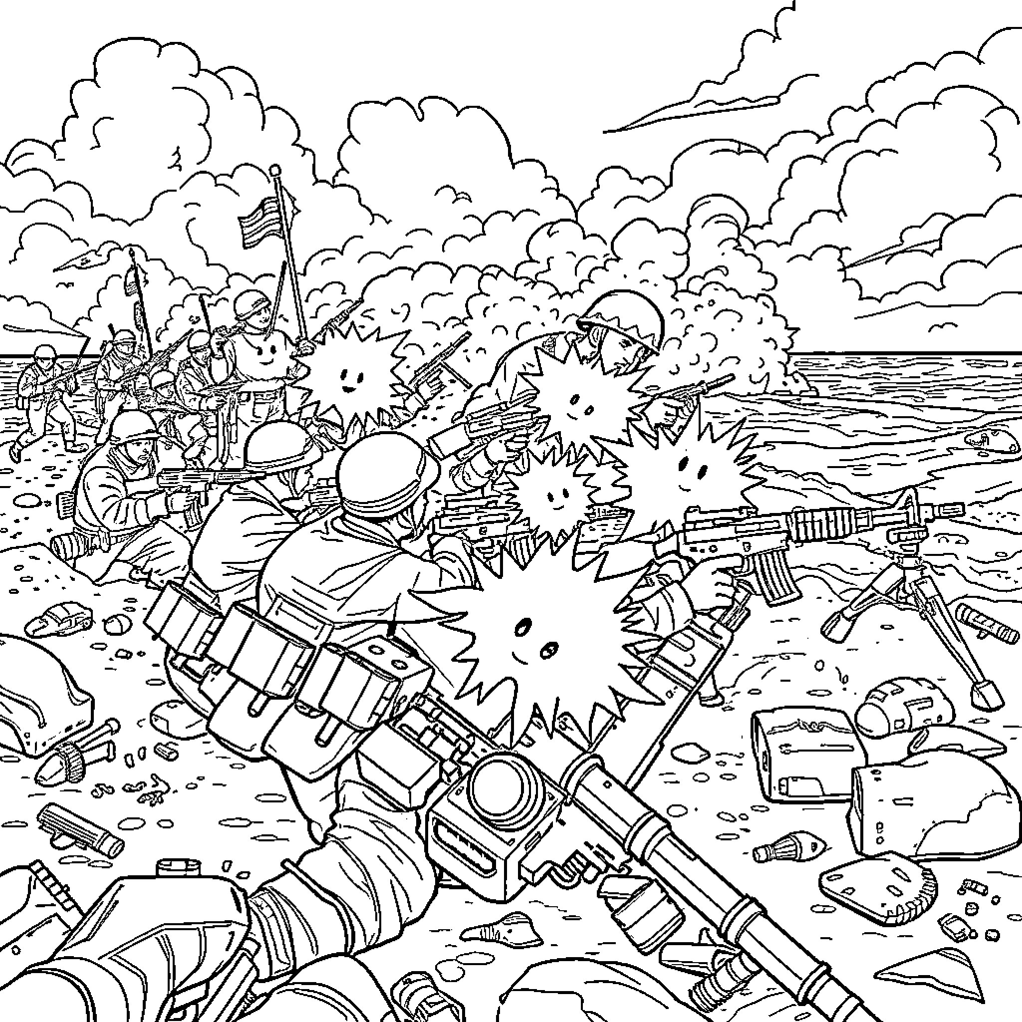 D Day - Soldiers in Battle on Shoreline Coloring Page (free black-and-white line drawing printable PDF for all, from beginners to advanced learners, including children, teens, adults, and seniors)