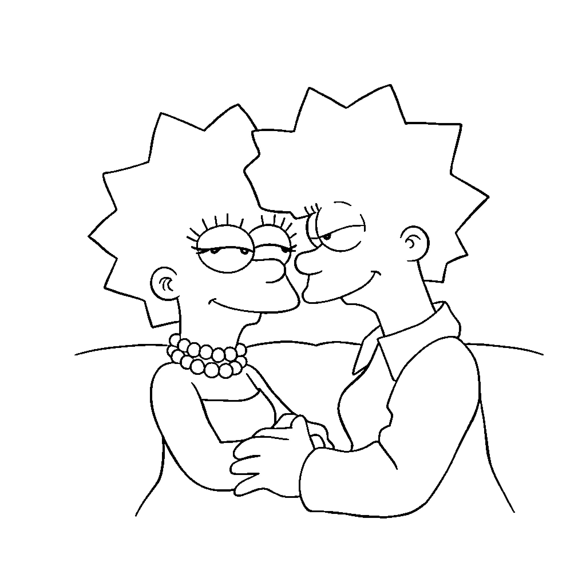 Lisa Simpson sharing a sweet moment with Marge Coloring Page (free black-and-white line drawing printable PDF for all, from beginners to advanced learners, including children, teens, adults, and seniors)