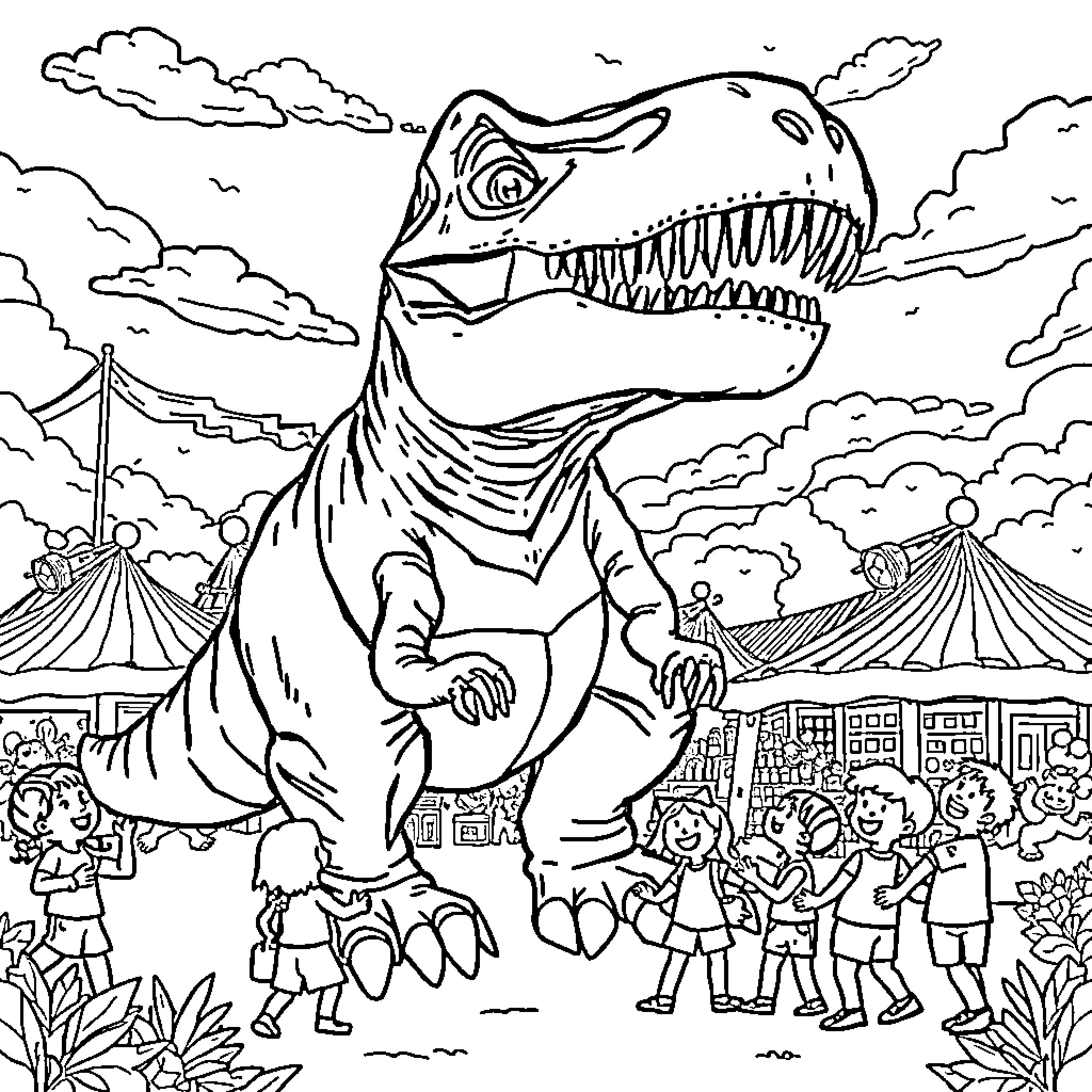 T-Rex roaming a lively carnival scene Coloring Page (free black-and-white line drawing printable PDF for all, from beginners to advanced learners, including children, teens, adults, and seniors)