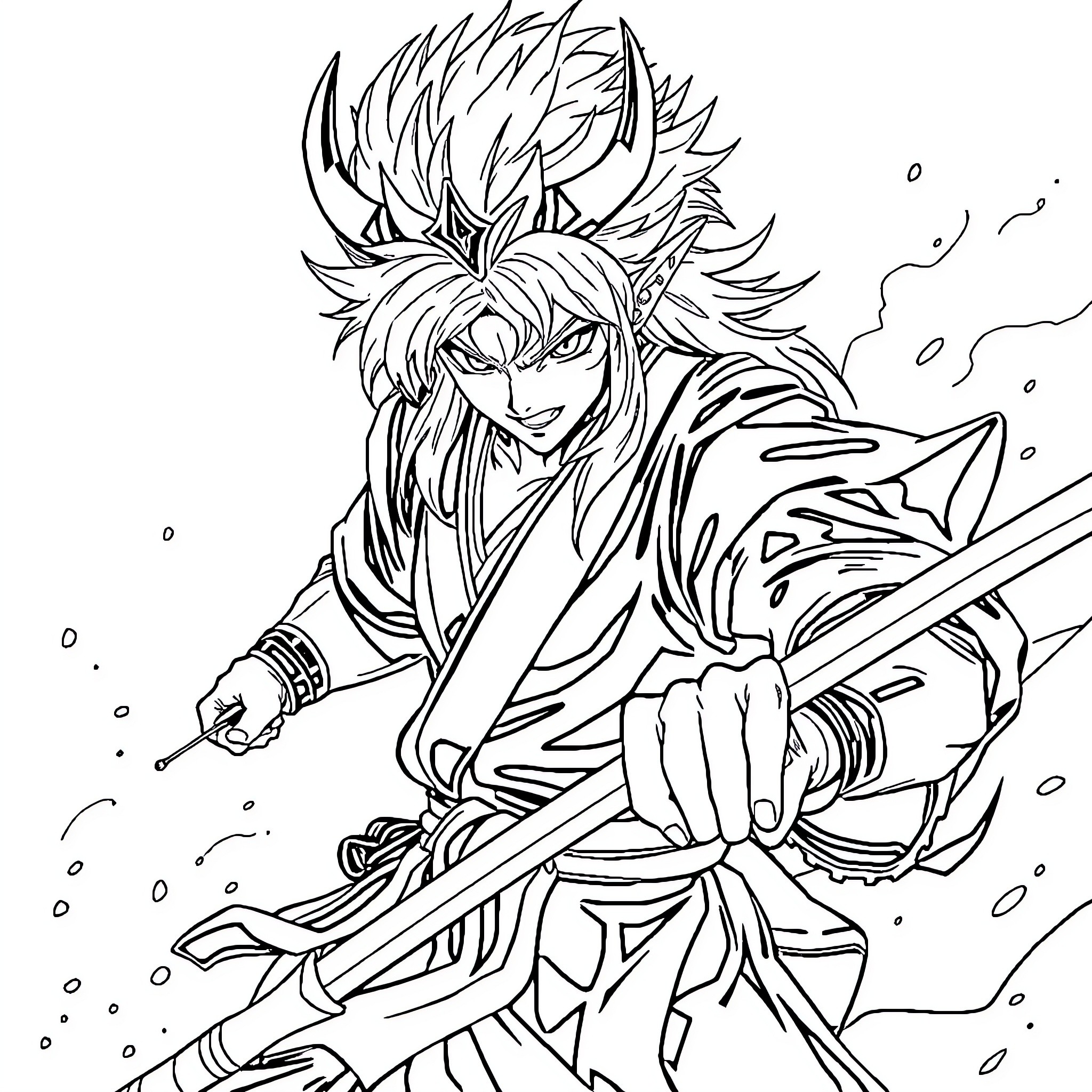 Sanemi, a fierce warrior wielding a sword Coloring Page (free black-and-white line drawing printable PDF for all, from beginners to advanced learners, including children, teens, adults, and seniors)