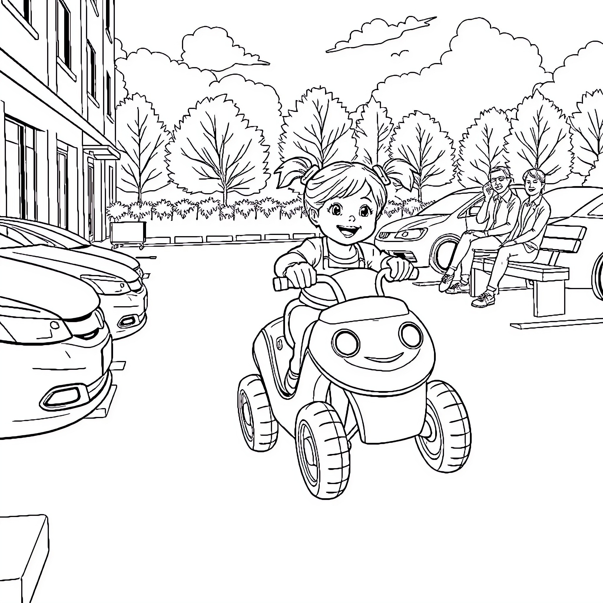 Girl Riding Toy Vehicle in Park Coloring Page (free black-and-white line drawing printable PDF for all, from beginners to advanced learners, including children, teens, adults, and seniors)