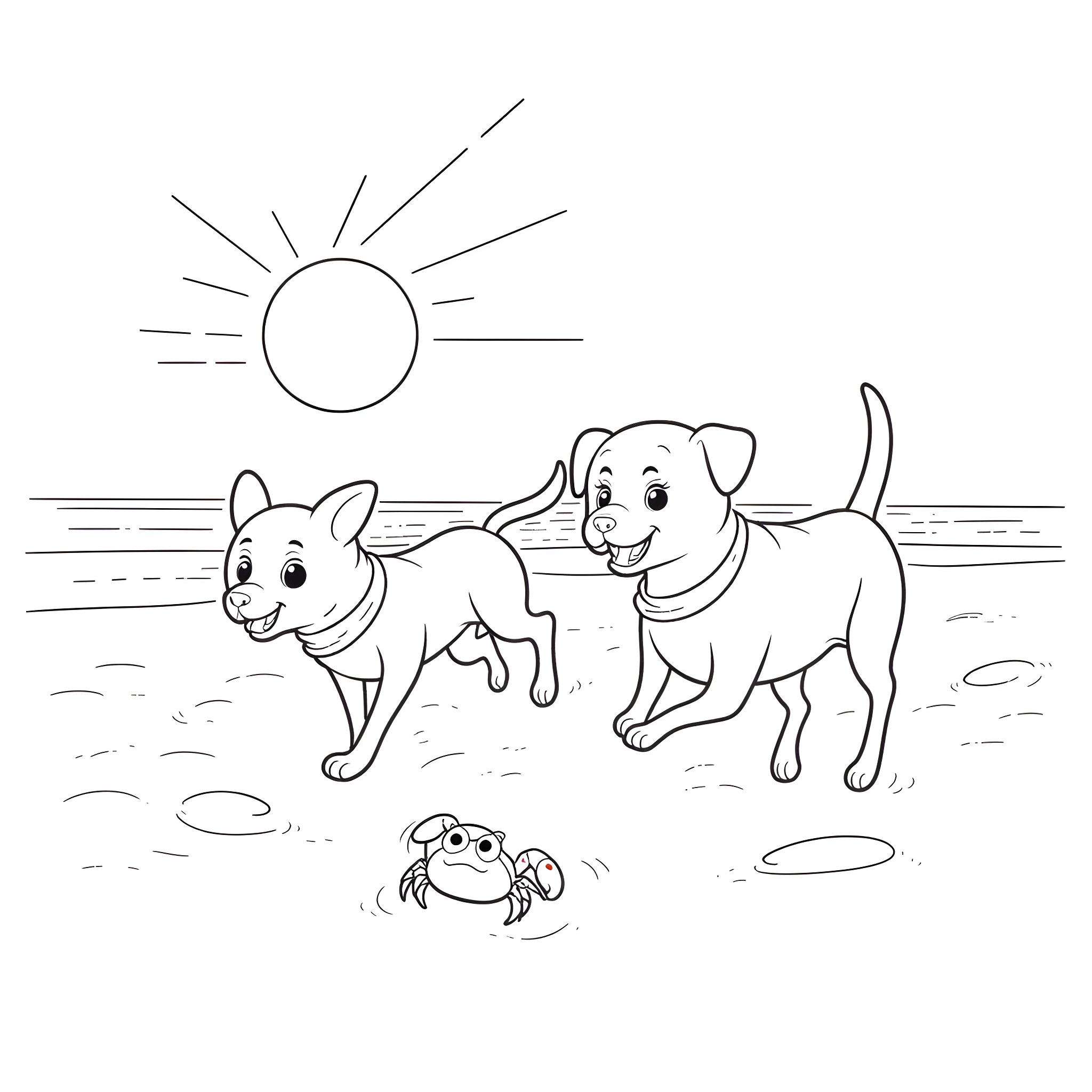 Dogs playing happily at the beach Coloring Page (free black-and-white line drawing printable PDF for all, from beginners to advanced learners, including children, teens, adults, and seniors)