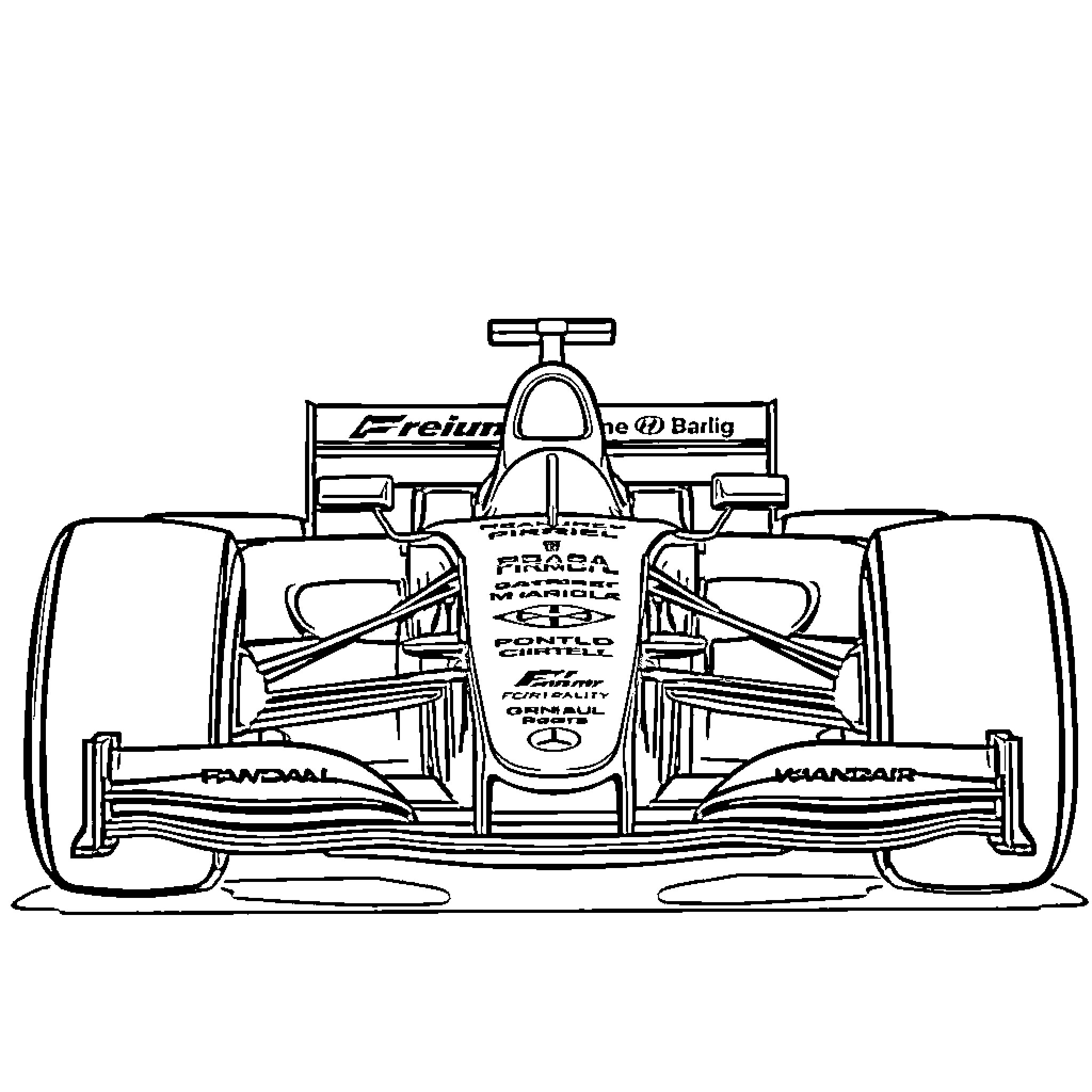 Formula 1 Car in Racing Competition Coloring Page (free black-and-white line drawing printable PDF for all, from beginners to advanced learners, including children, teens, adults, and seniors)