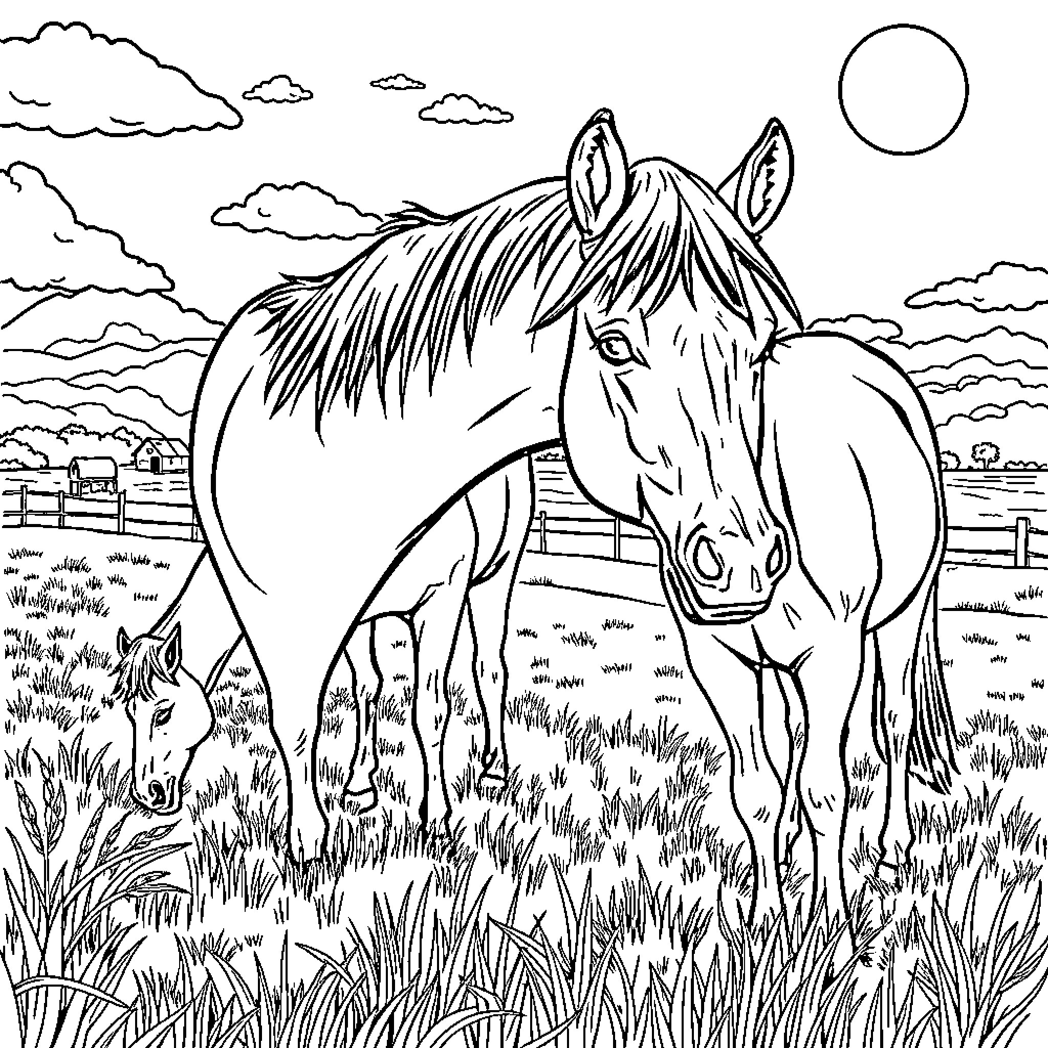 Horse grazing peacefully in a rural landscape Coloring Page (free black-and-white line drawing printable PDF for all, from beginners to advanced learners, including children, teens, adults, and seniors)