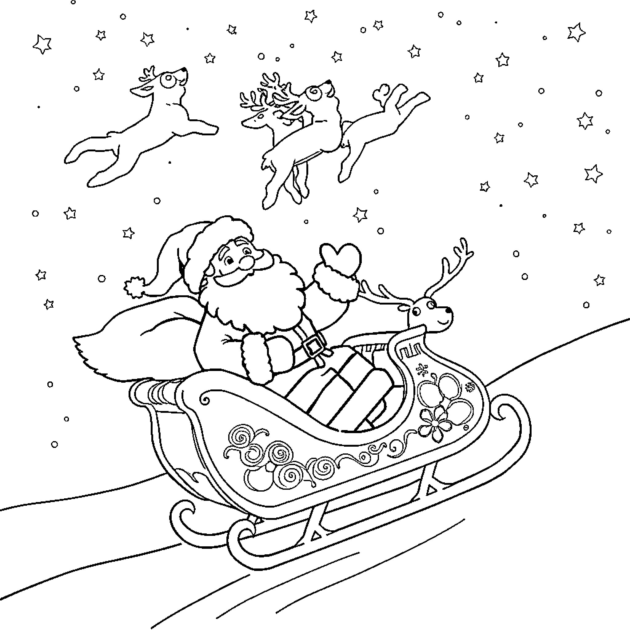 Santa Claus riding a sleigh with reindeer in the snowy night Coloring Page (free black-and-white line drawing printable PDF for all, from beginners to advanced learners, including children, teens, adults, and seniors)
