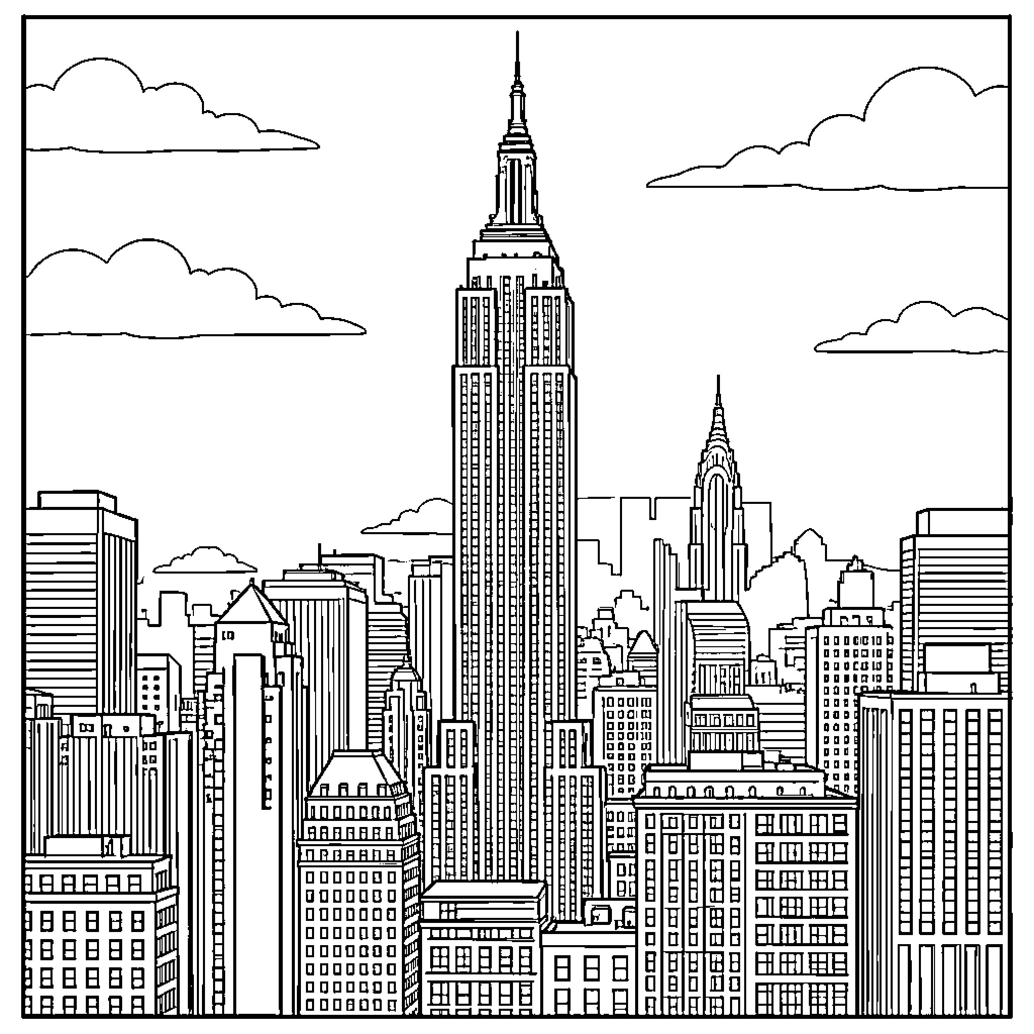 Empire State Building standing tall among city skyscrapers Coloring Page (free black-and-white line drawing printable PDF for all, from beginners to advanced learners, including children, teens, adults, and seniors)