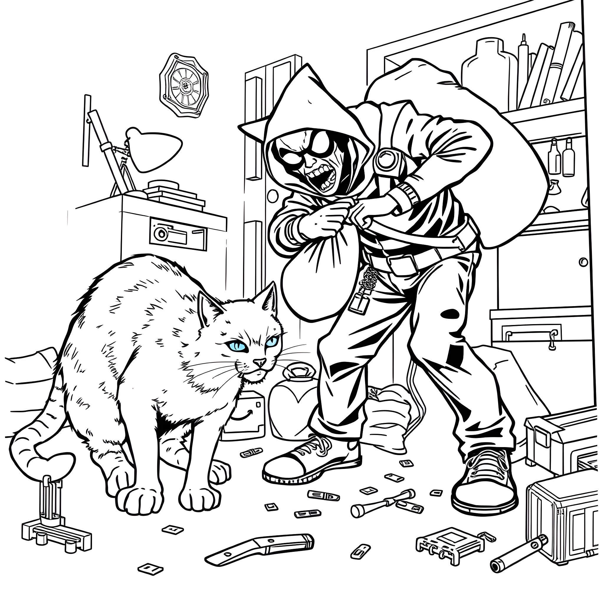 Cat scaring a person in a messy room Coloring Page (free black-and-white line drawing printable PDF for all, from beginners to advanced learners, including children, teens, adults, and seniors)